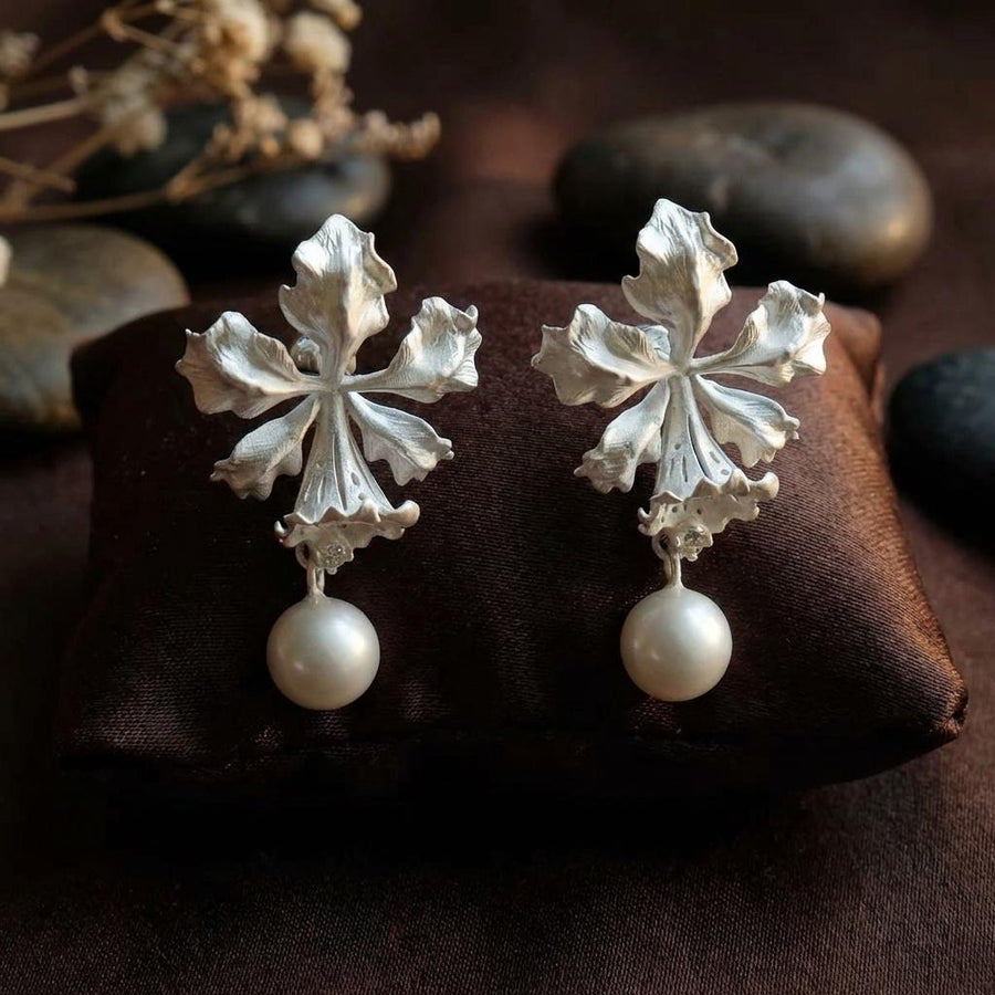 Silver Orchid Pearl Earrings