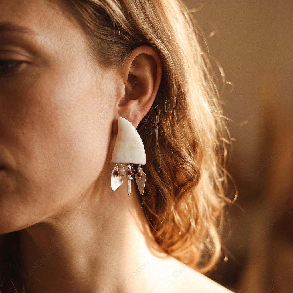 Tribal Horn Faux Resin Earrings, Artisan Sterling Silver Dangle Drops