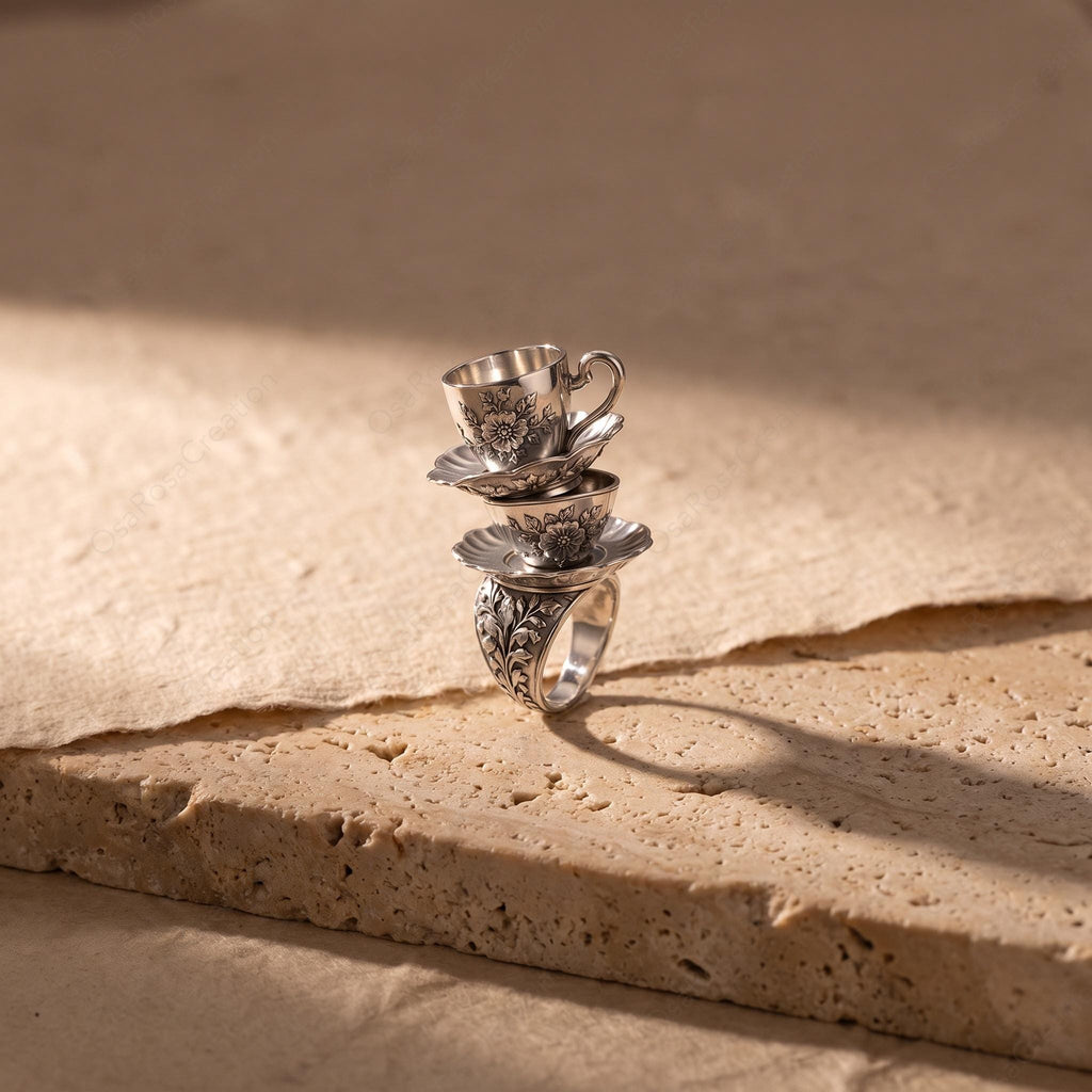 Vintage Stacked Teacup Ring, Floral Engraved Silver, Whimsical Victorian Jewelry