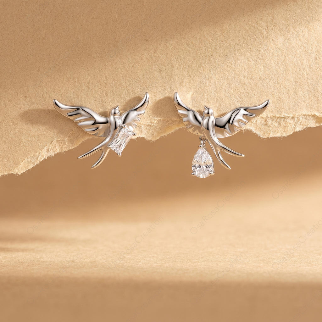 Asymmetrical Sterling Silver Swallow Earrings, Dangle Crystal Nature Jewelry