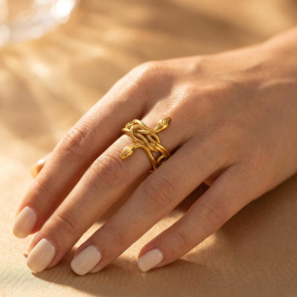 Sculptural Gold Snake Ring, Textured Serpent Animal Jewelry, Ancient Style Statement Ring