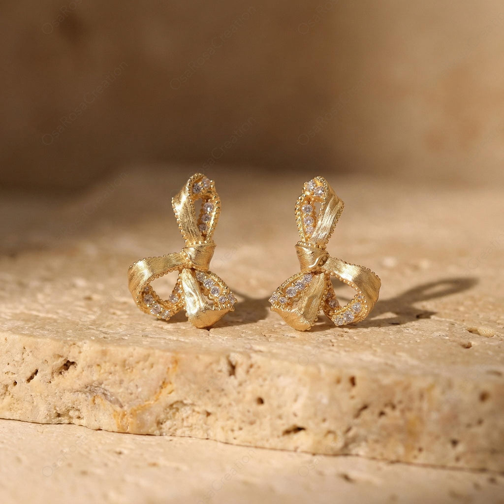 Gold Ribbon Crystal Stud Earrings | Vintage Style Bridal Jewelry