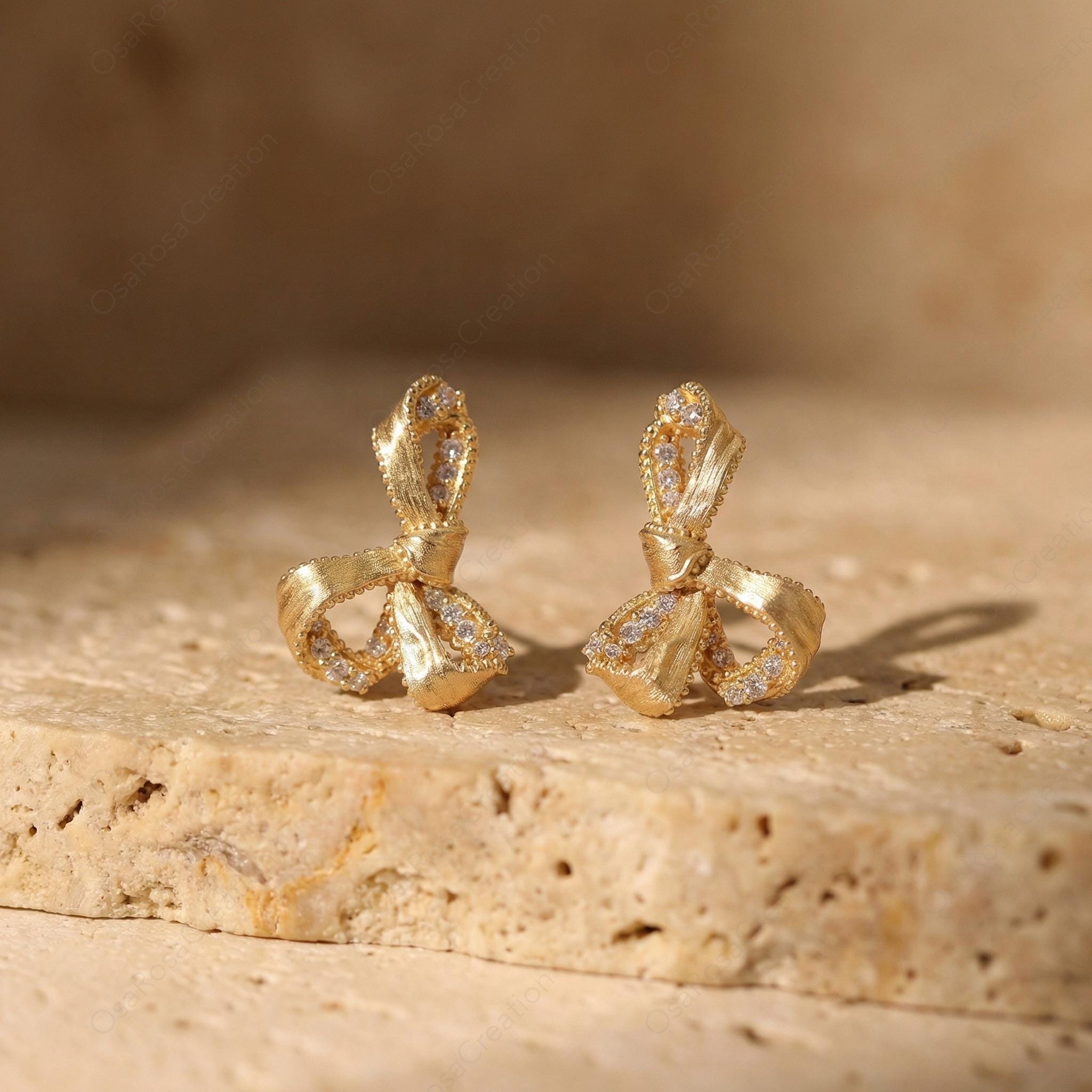 Gold Ribbon Crystal Stud Earrings | Vintage Style Bridal Jewelry