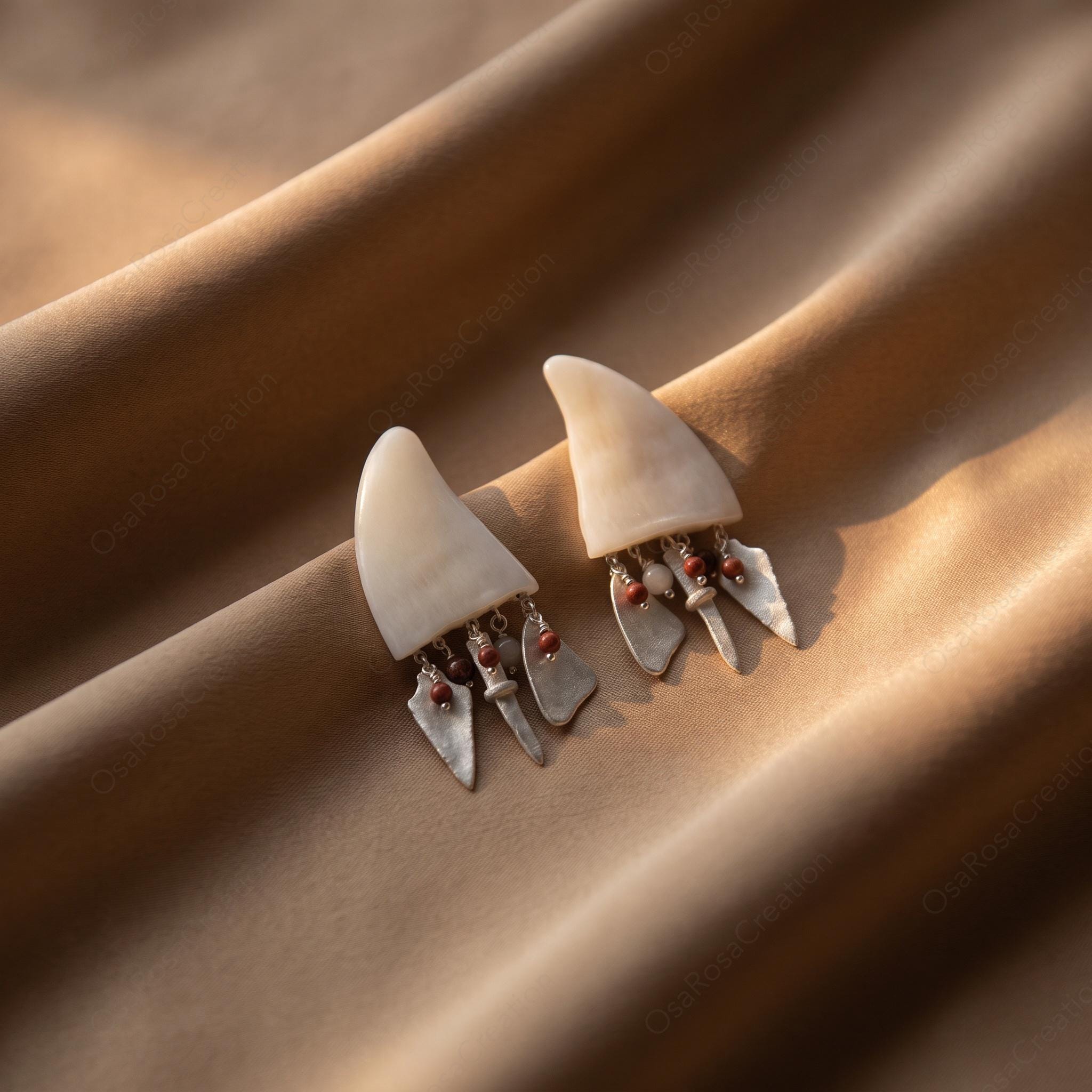 Tribal Horn Faux Resin Earrings, Artisan Sterling Silver Dangle Drops