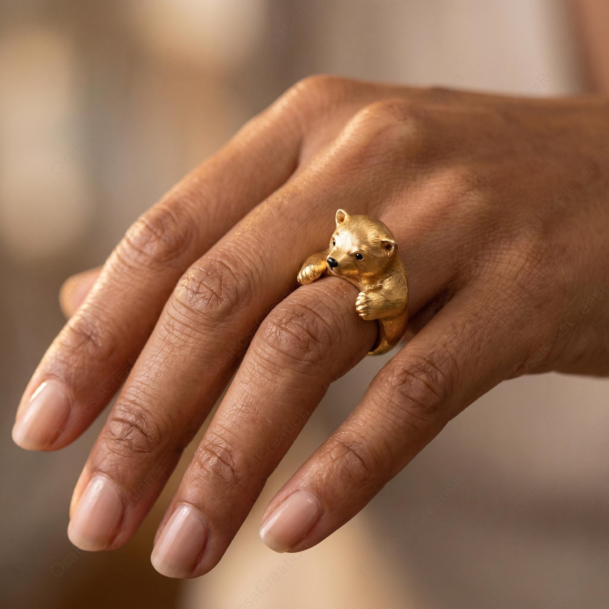 Sculptural Gold Bear Ring | Woodland Animal Hugging Jewelry, Nature Inspired Gift