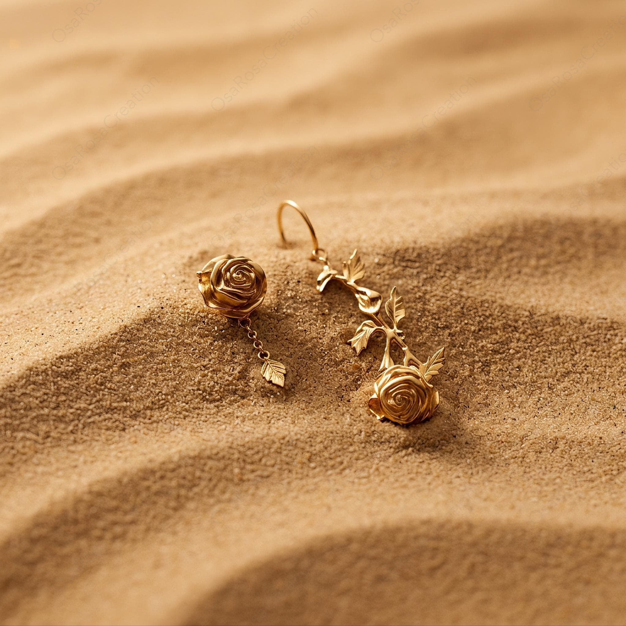 Asymmetrical Rose Earrings • 18k Gold Plated, Sterling Silver Posts