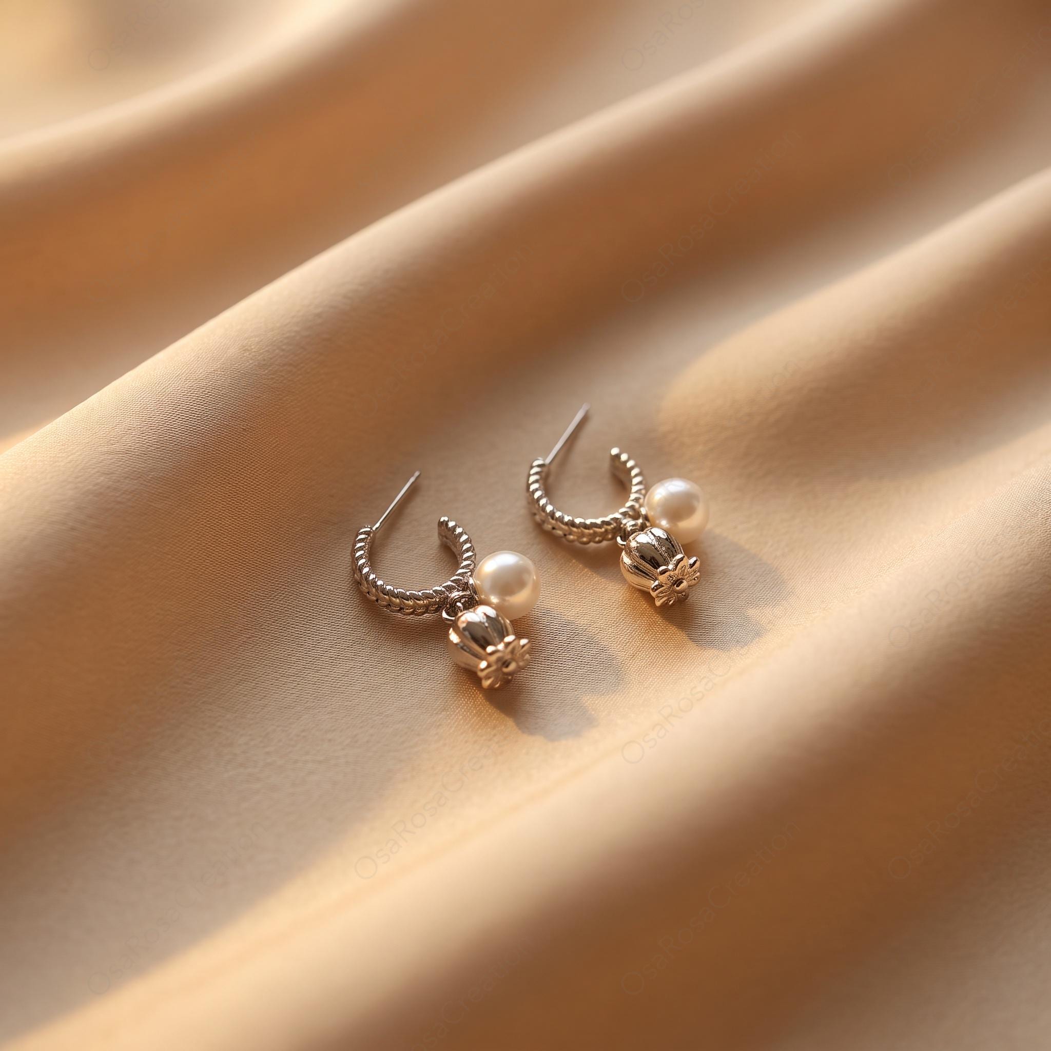 Silver Tulip Pearl Drop Earrings, Twisted Hoop Floral Earrings, Botanical Dangle Earrings
