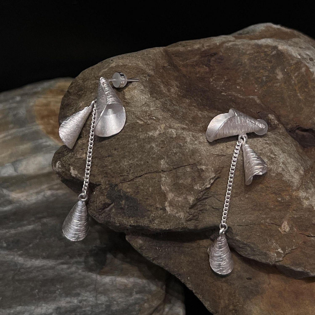 Sculptural Shell Drop Earrings, Platinum Plated, Greco-Roman Jewelry
