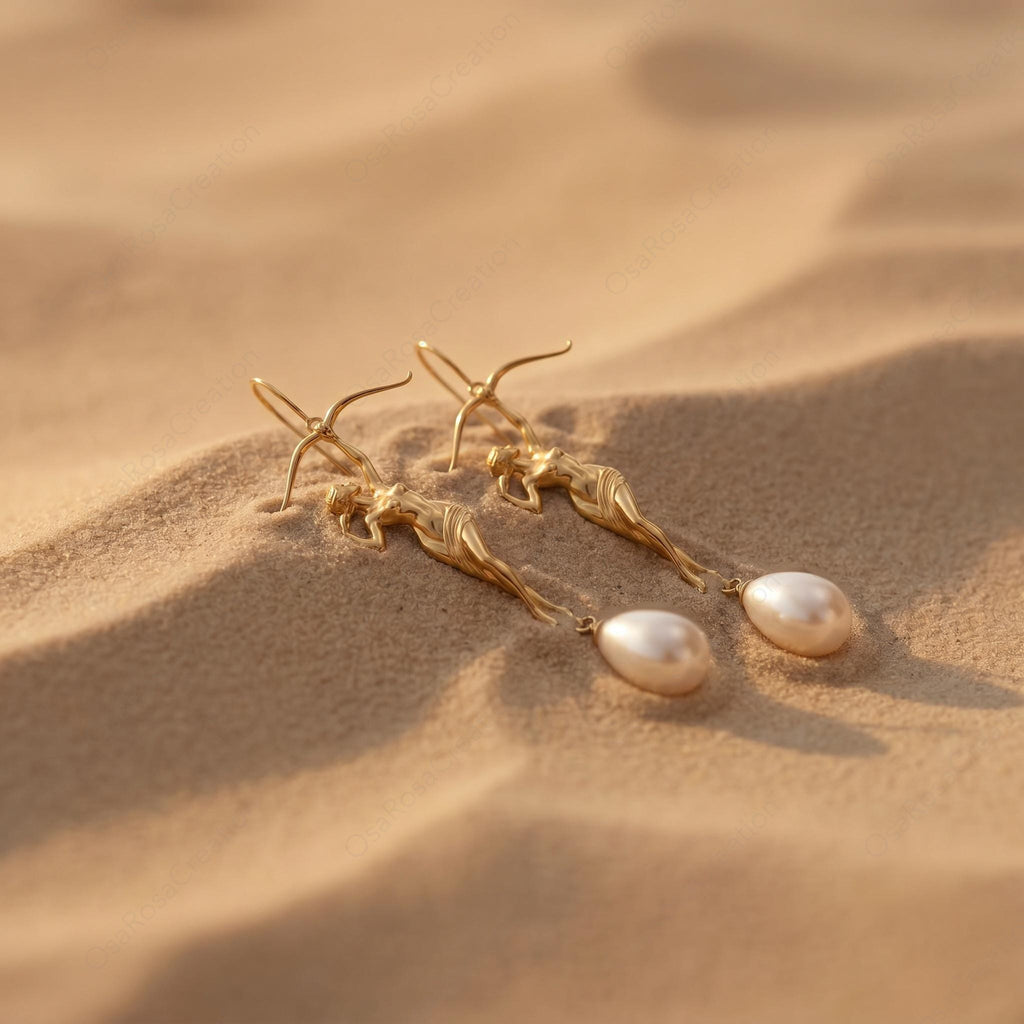 Sagittarius Earrings, Gold Archer Pearl Drop Earrings, Zodiac Statement Earrings, Sculptural Figure Jewelry