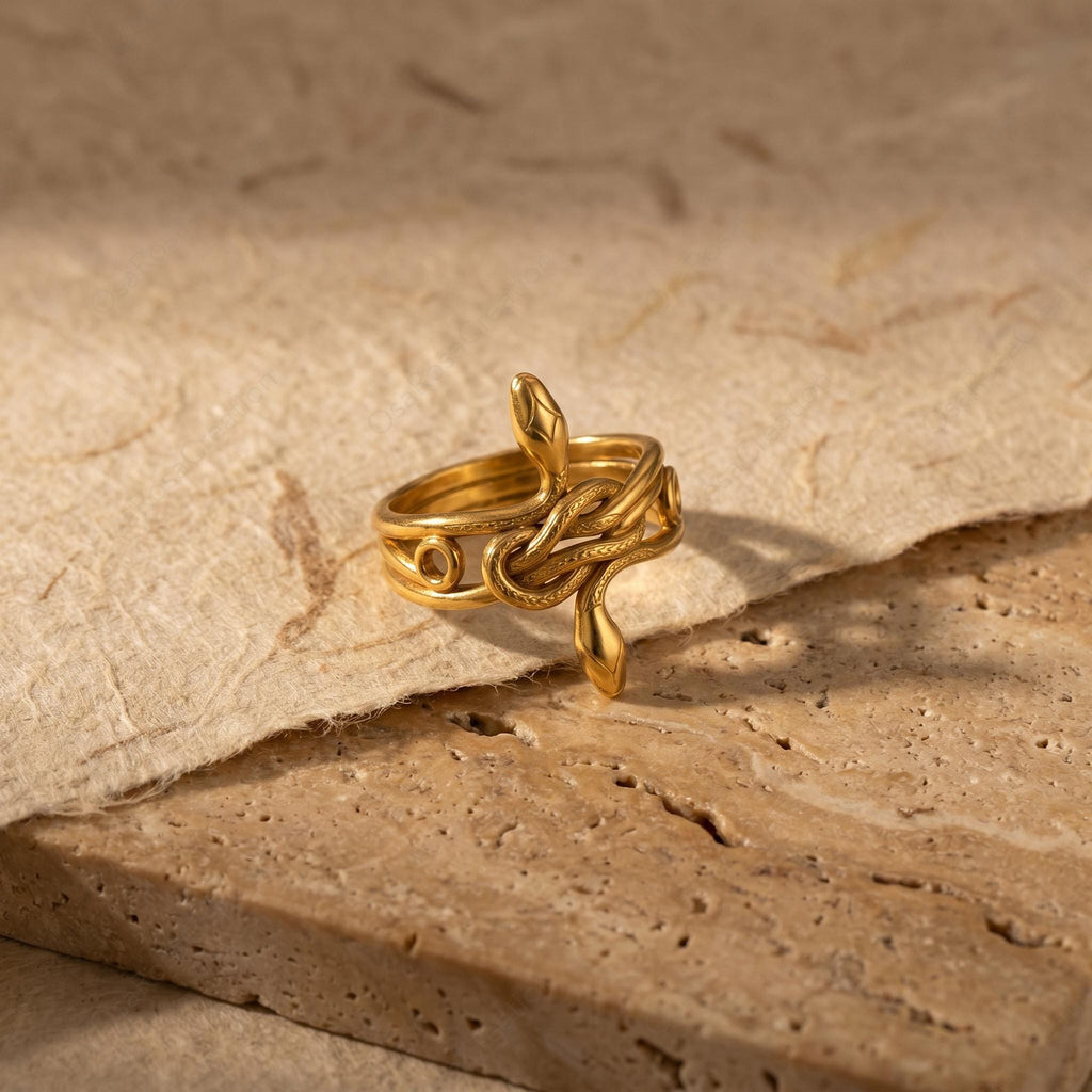 Sculptural Gold Snake Ring, Textured Serpent Animal Jewelry, Ancient Style Statement Ring