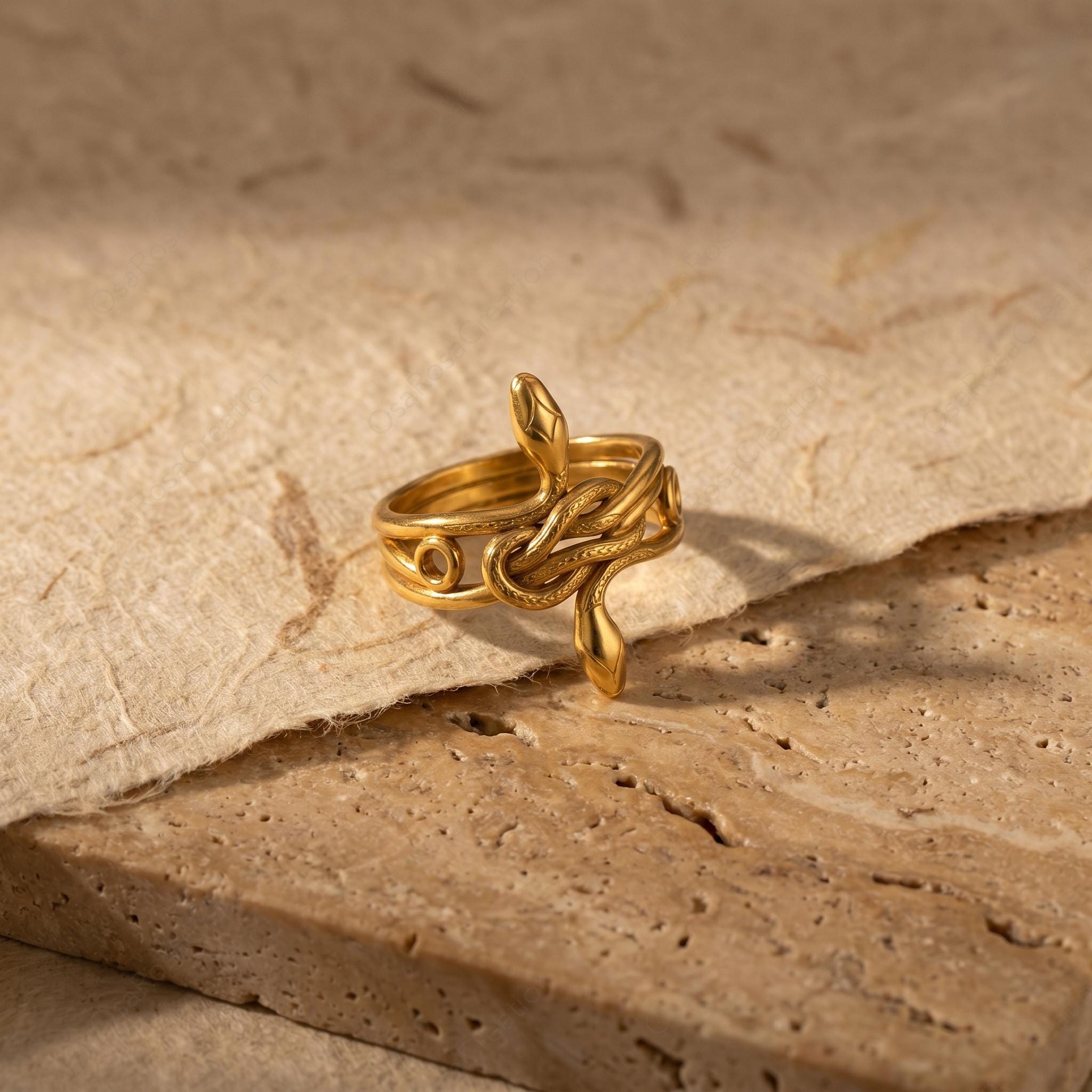 Sculptural Gold Snake Ring, Textured Serpent Animal Jewelry, Ancient Style Statement Ring
