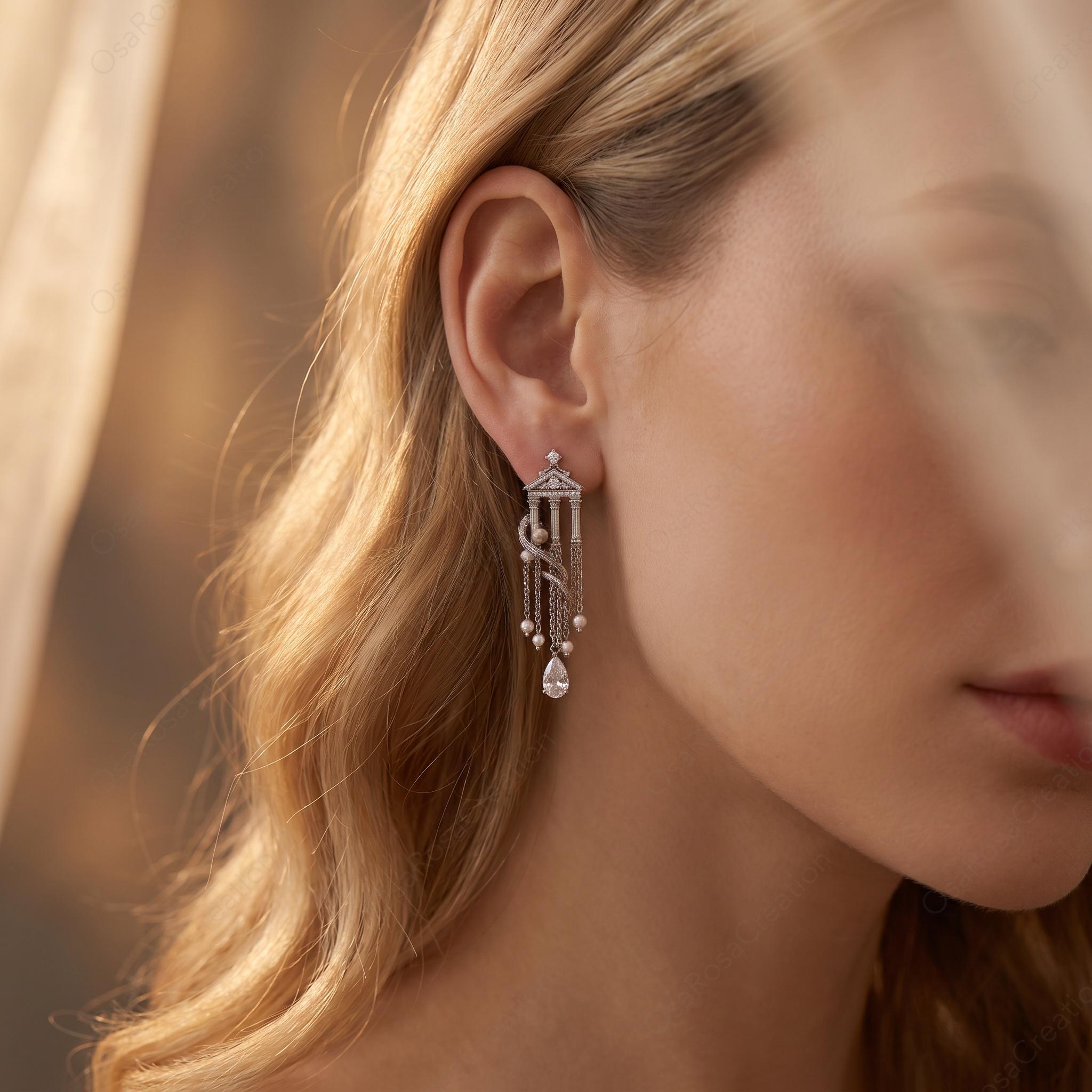 Architectural Drop Earrings, Silver Temple Dangle Earrings, Pearl Tassel Earrings, Classical Antiquity Jewelry, Elegant Statement Drop