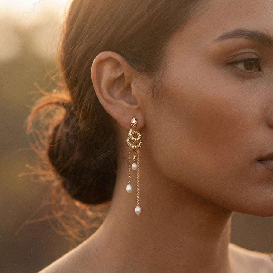 Serpent Pearl Tassel Earrings
