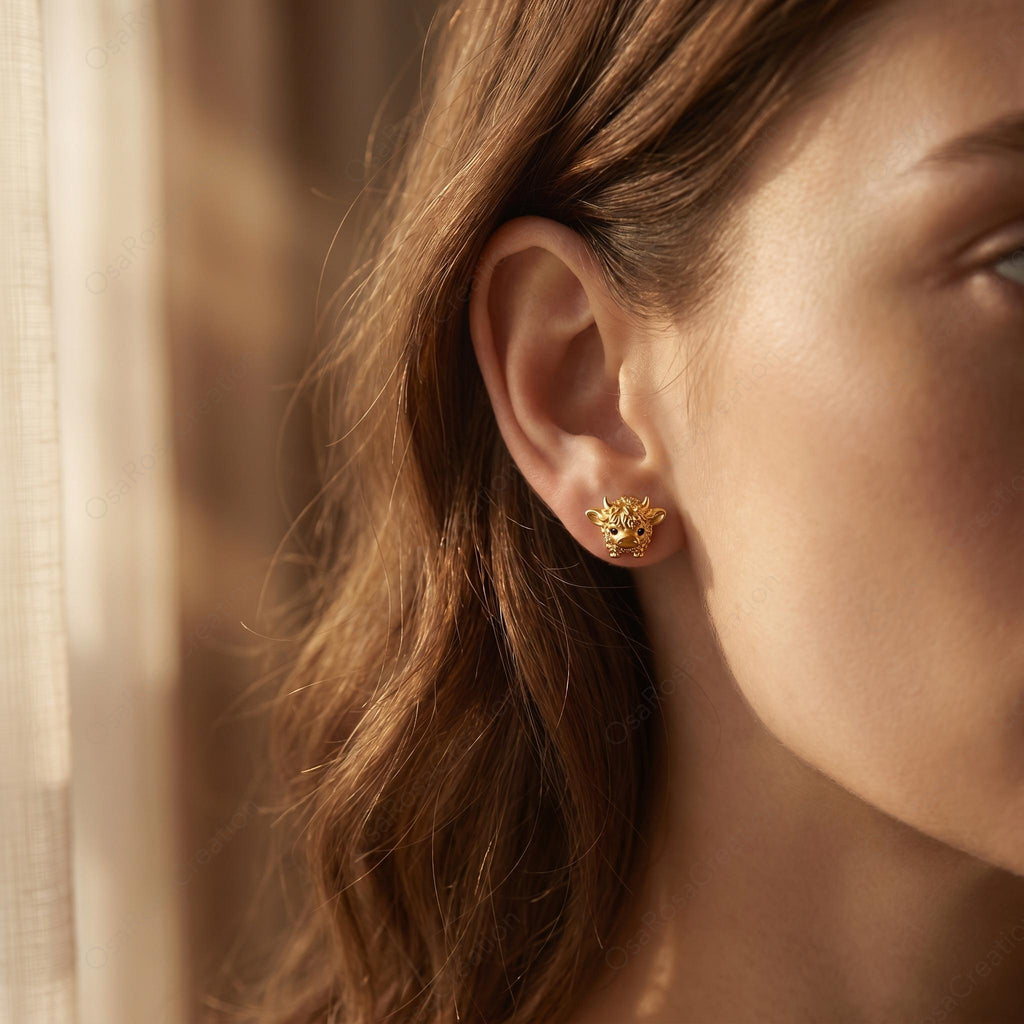 Gold Highland Cow Stud Earrings, Dainty Nature Inspired Jewelry, Sterling Silver Posts