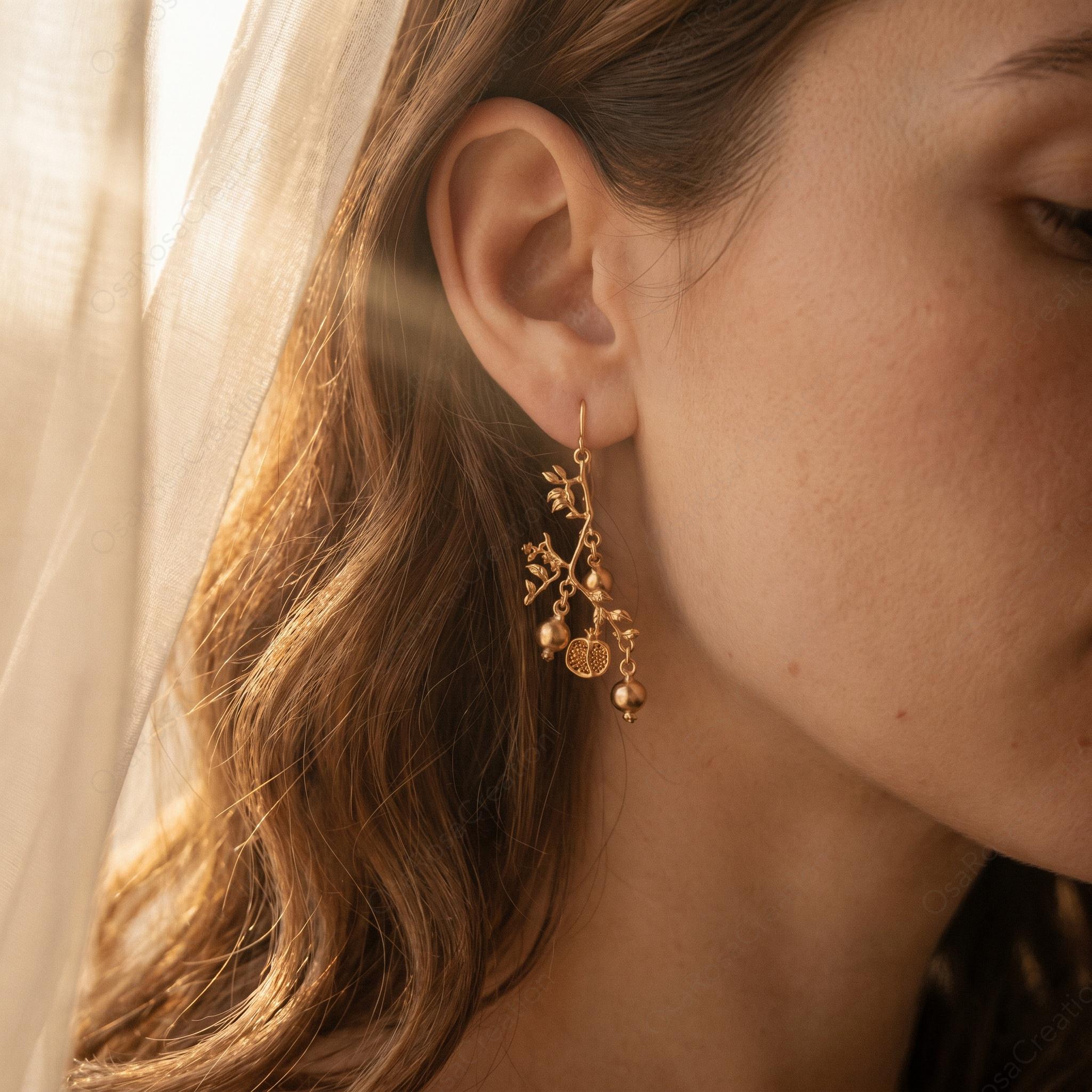 Pomegranate Earrings Gold Botanical Style | Nature Inspired Drop Earrings | Baroque Plant Jewelry for Women 5cm