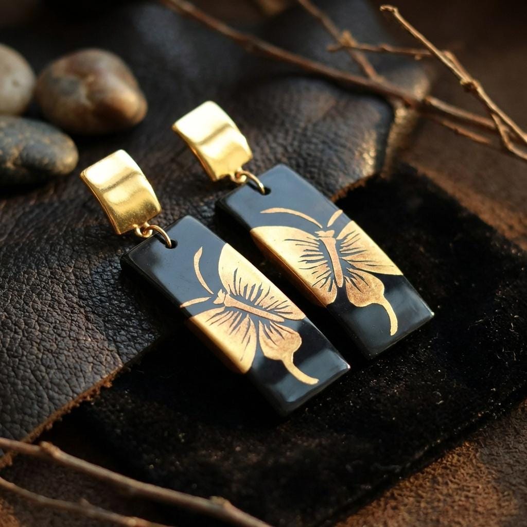 Black Gold Butterfly Earrings • Oriental Lacquer Art Dangle Jewelry