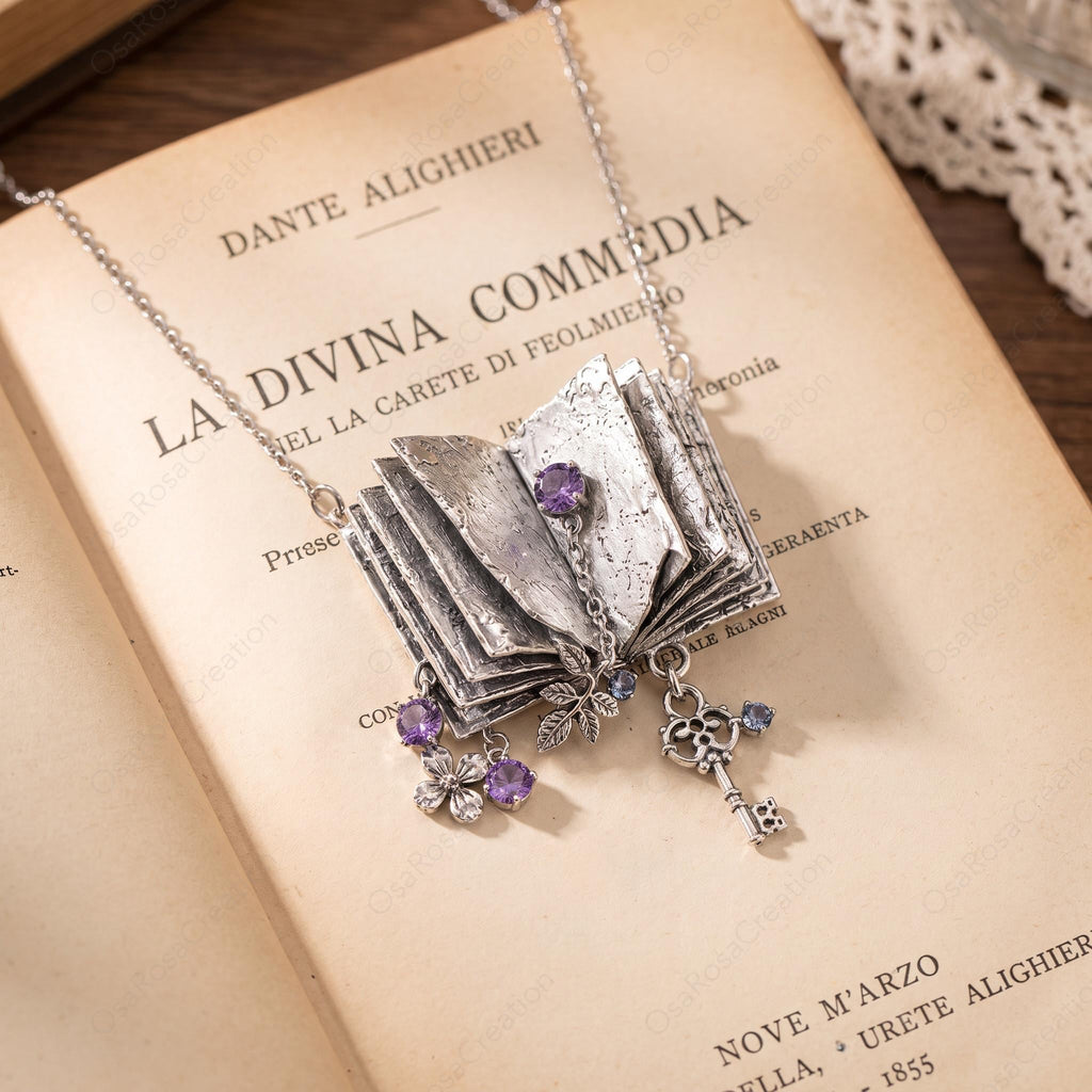 Vintage Book Necklace, Purple Gemstone Floral Key Pendant, Dark Academia Jewelry