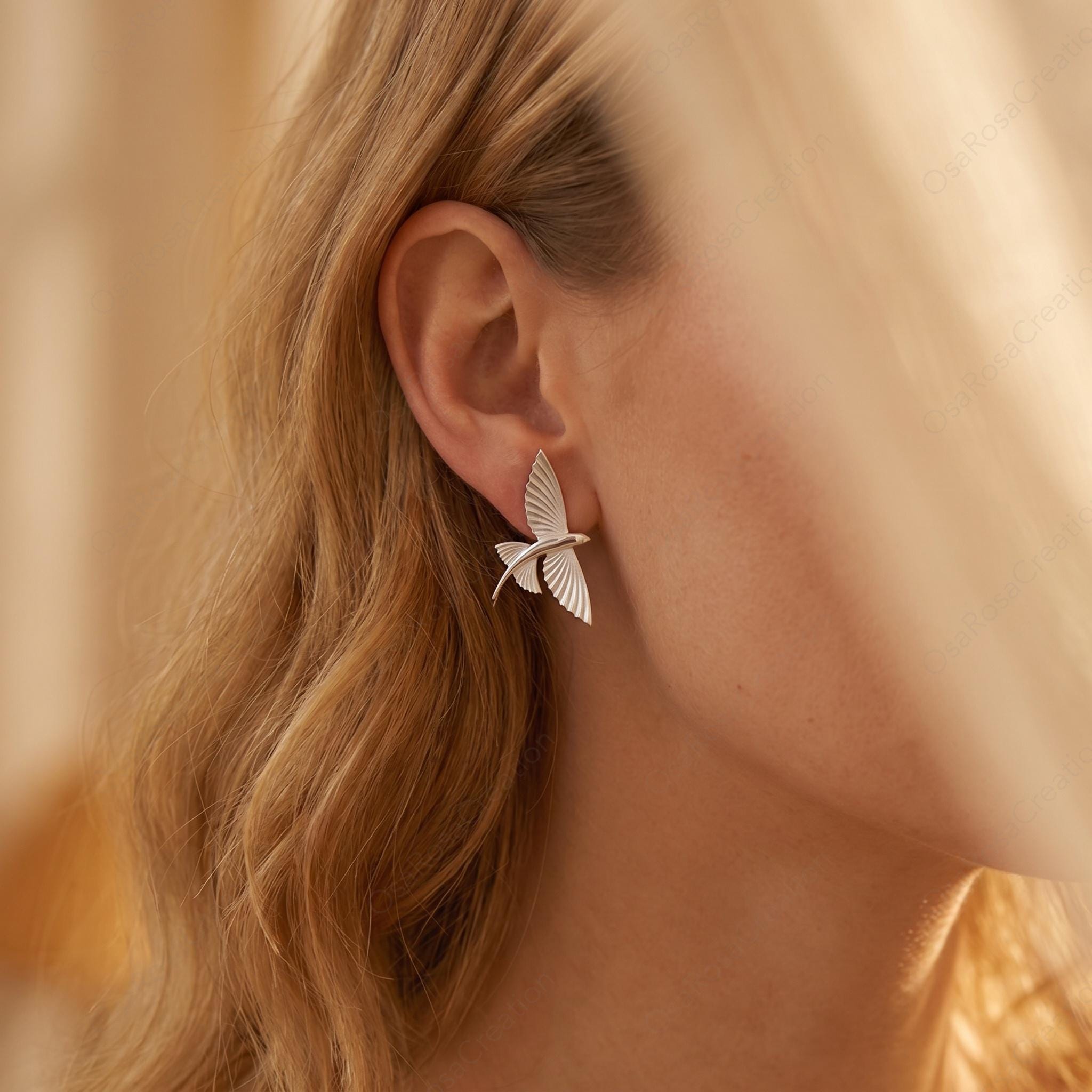 Sculptural Flying Fish Earrings, Silver Ocean Inspired Studs, Artistic Marine Life Jewelry, Nature Inspired Coastal Accessories