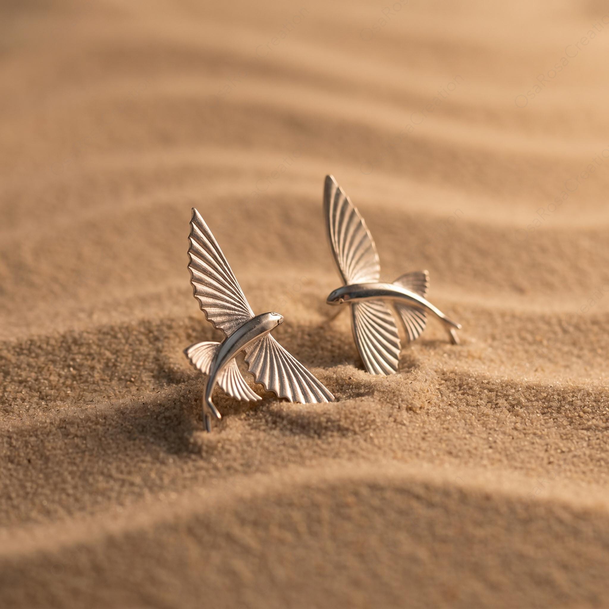 Sculptural Flying Fish Earrings, Silver Ocean Inspired Studs, Artistic Marine Life Jewelry, Nature Inspired Coastal Accessories
