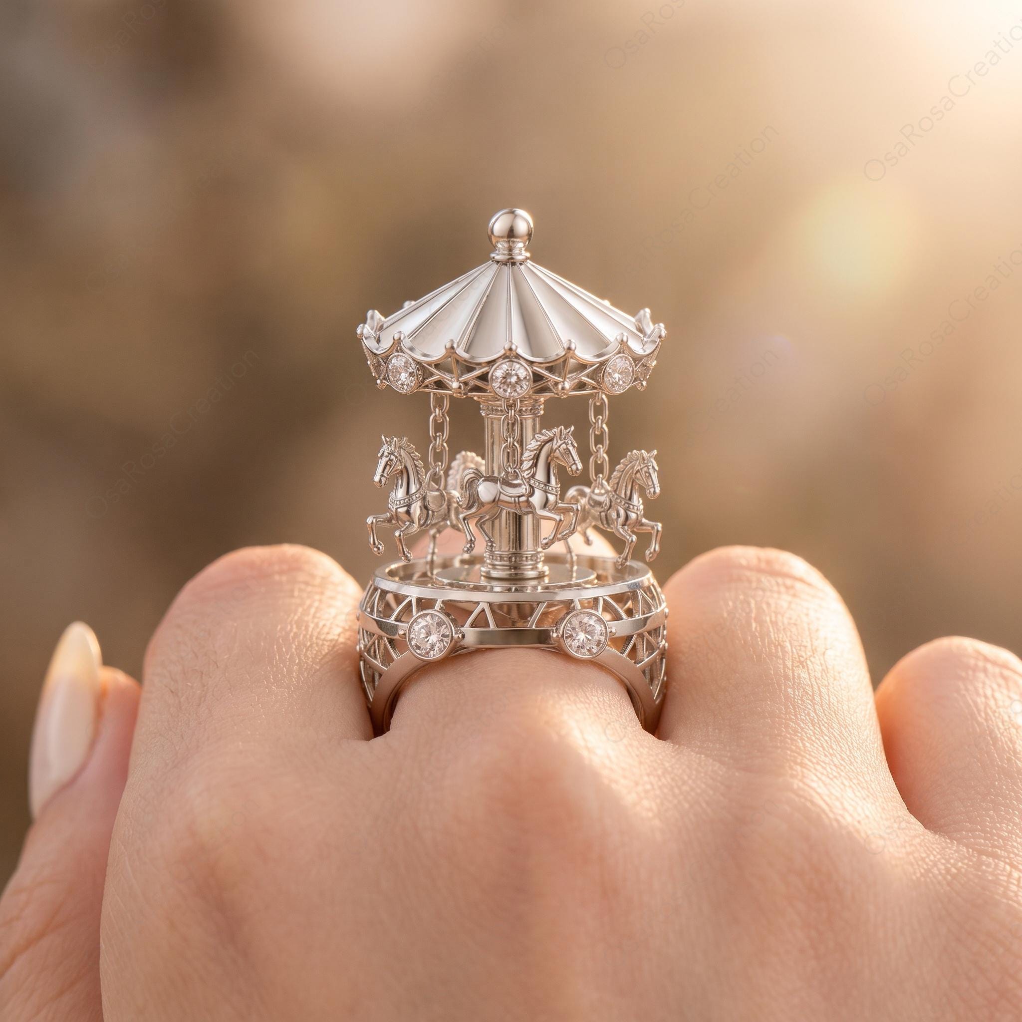3D Carousel Dome Ring, Platinum-Plated Brass, Cubic Zirconia Fairytale Jewelry