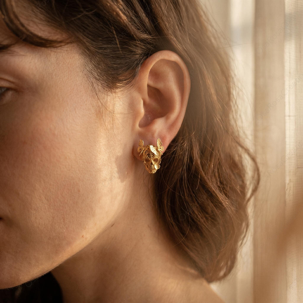 Gold Skull Butterfly Studs • Gothic Filigree Earrings, Sterling Silver Post· Fresh start gift