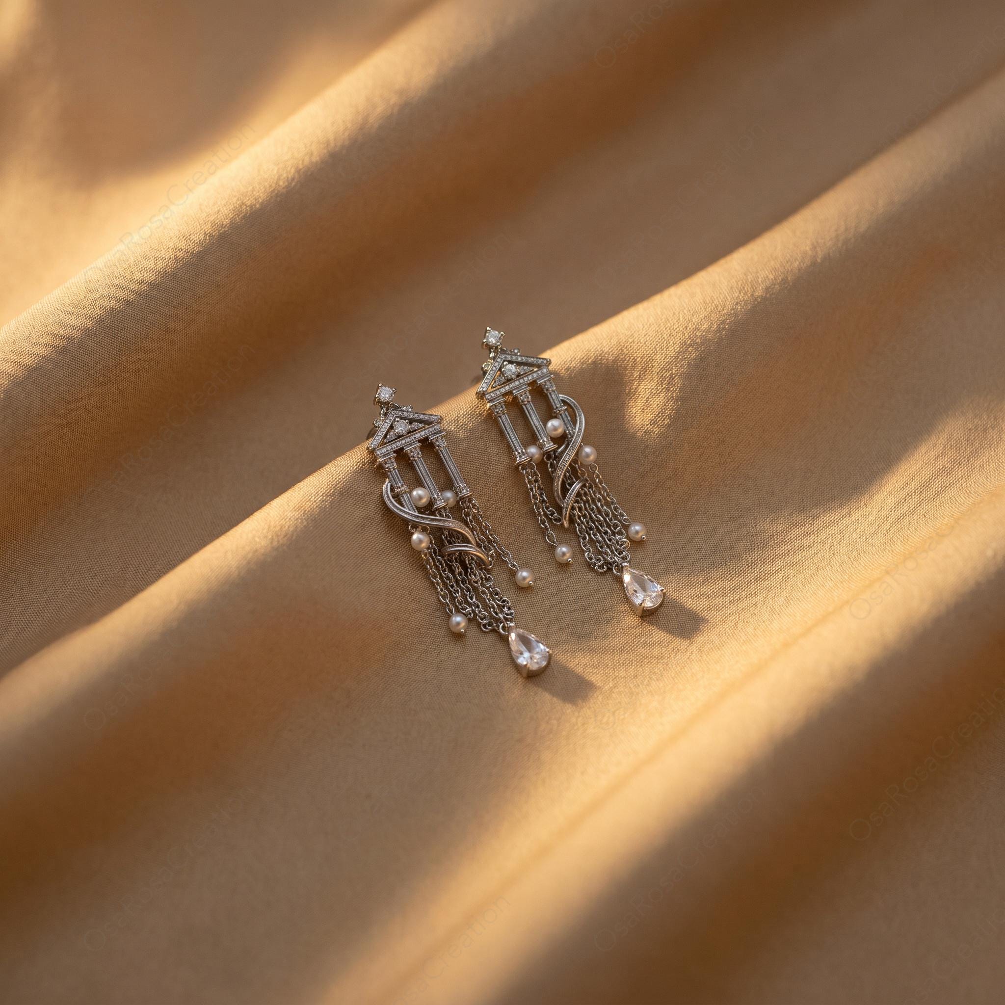 Architectural Drop Earrings, Silver Temple Dangle Earrings, Pearl Tassel Earrings, Classical Antiquity Jewelry, Elegant Statement Drop