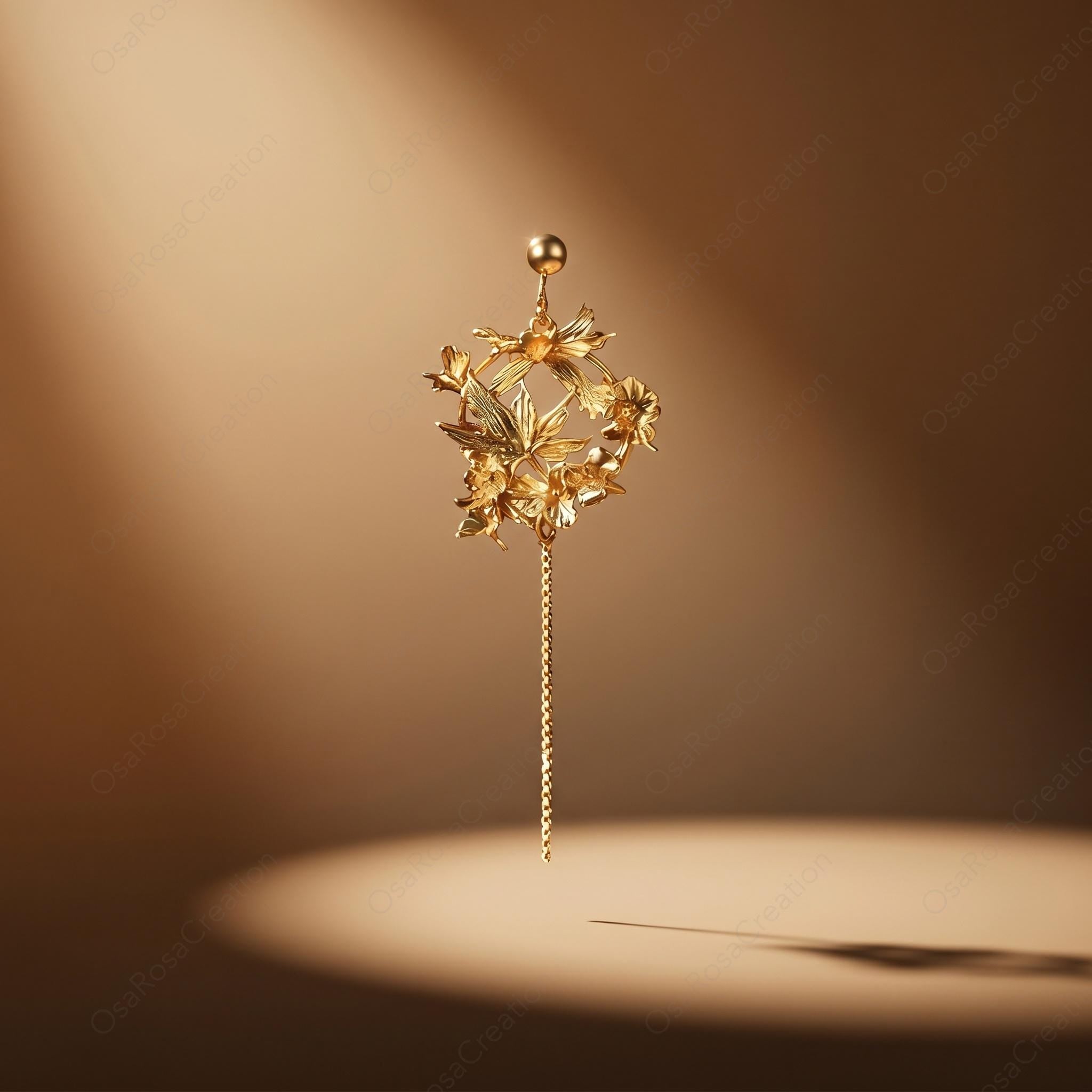Gold Floral Wreath Earrings • Art Nouveau Lily Tassel • Botanical Wedding Jewelry