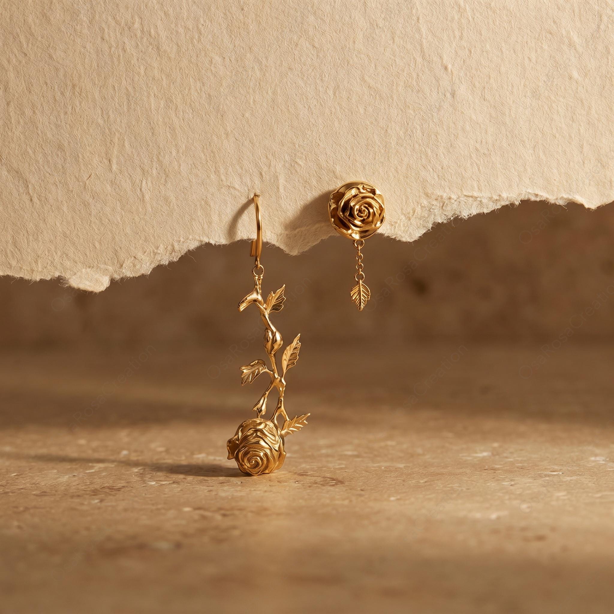 Asymmetrical Rose Earrings • 18k Gold Plated, Sterling Silver Posts