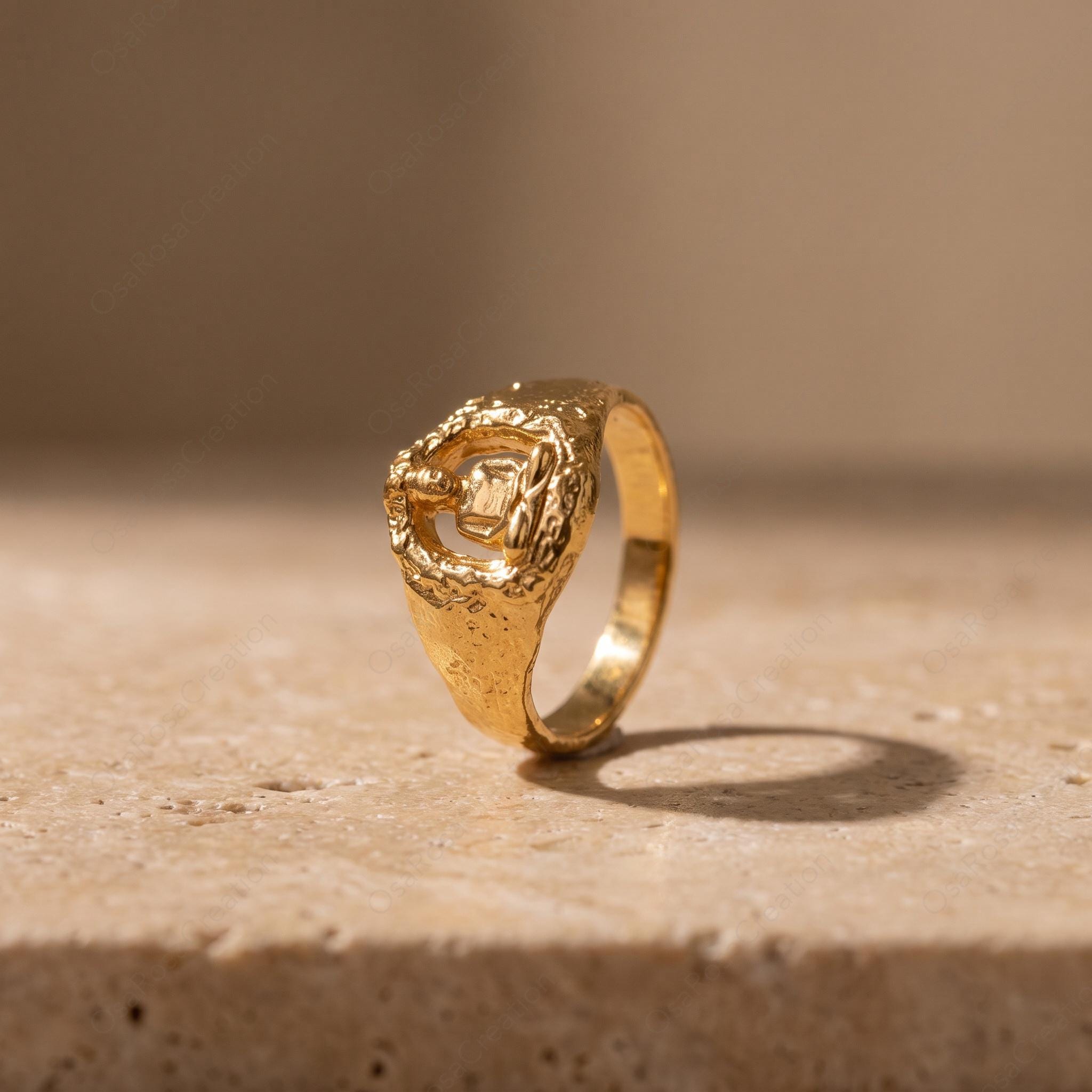 Gold Buddha Ring, Sculptural Zen Meditation Jewelry, Hollow Out Statement Ring