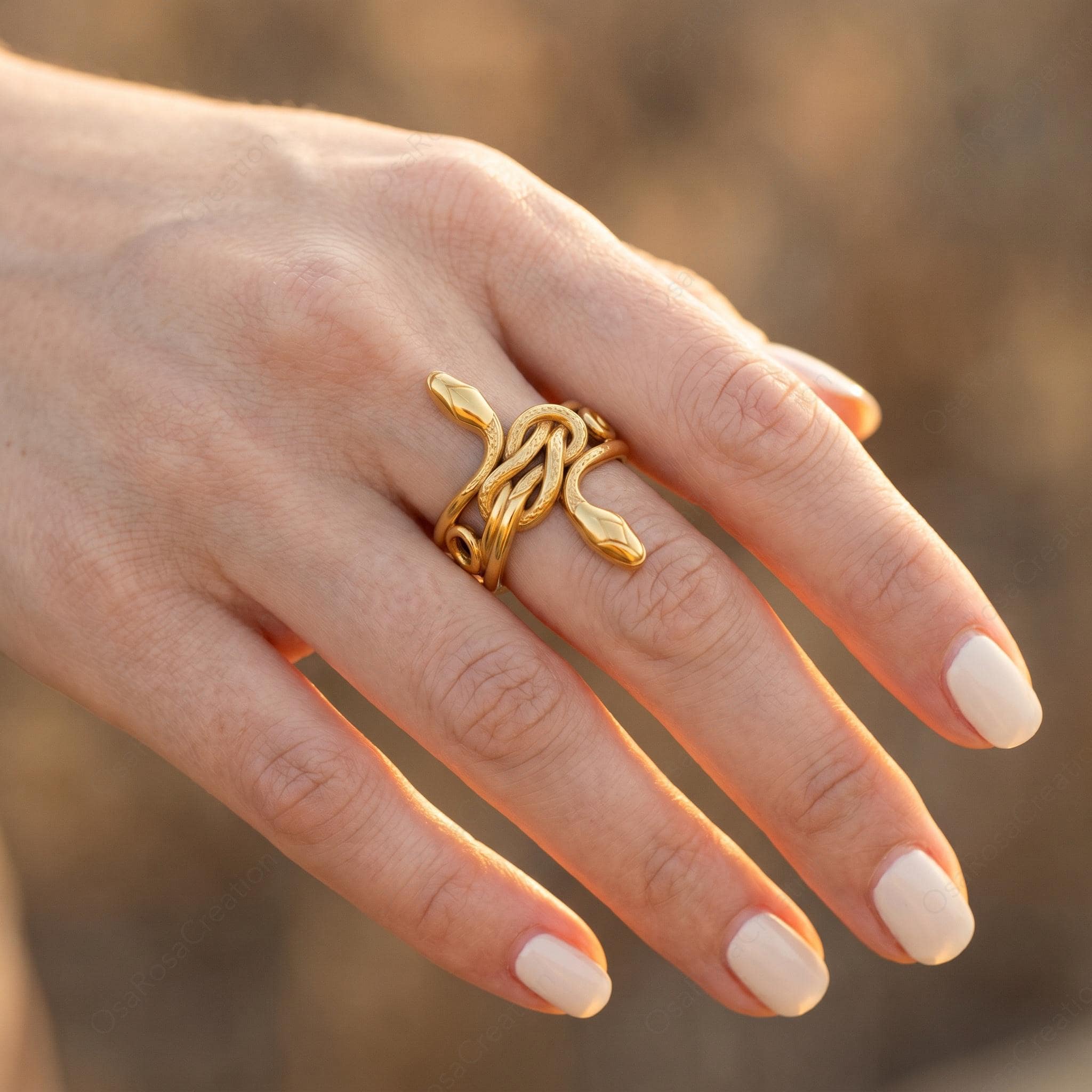 Sculptural Gold Snake Ring, Textured Serpent Animal Jewelry, Ancient Style Statement Ring
