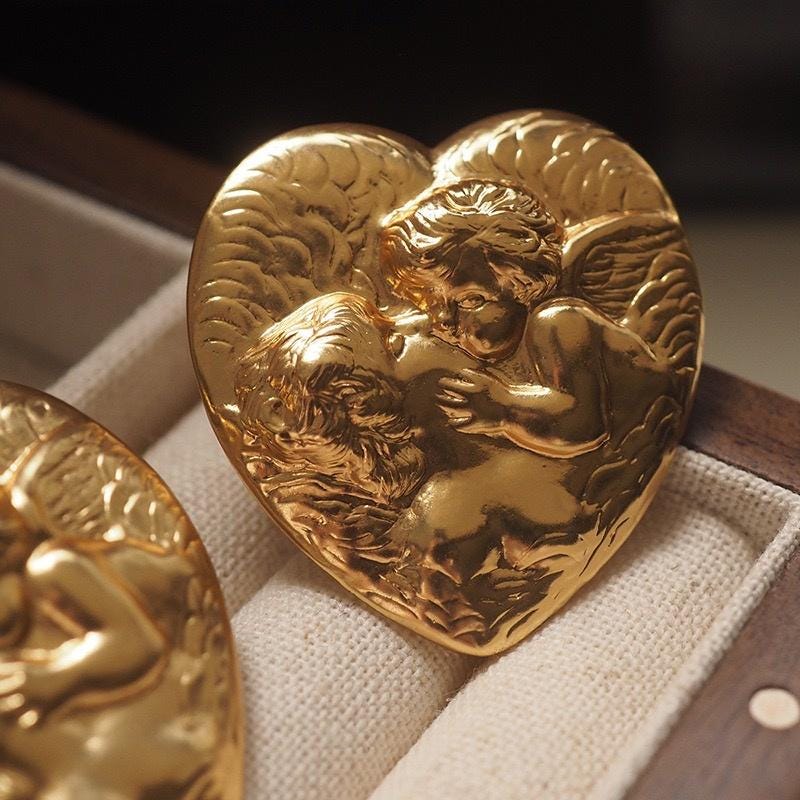 Gold Heart Cherub Earrings | Baroque Relief Studs, 925 Silver Posts