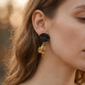 Sculptural Koi Fish Black Fan Earrings, Artistic Gold Oriental Jewelry