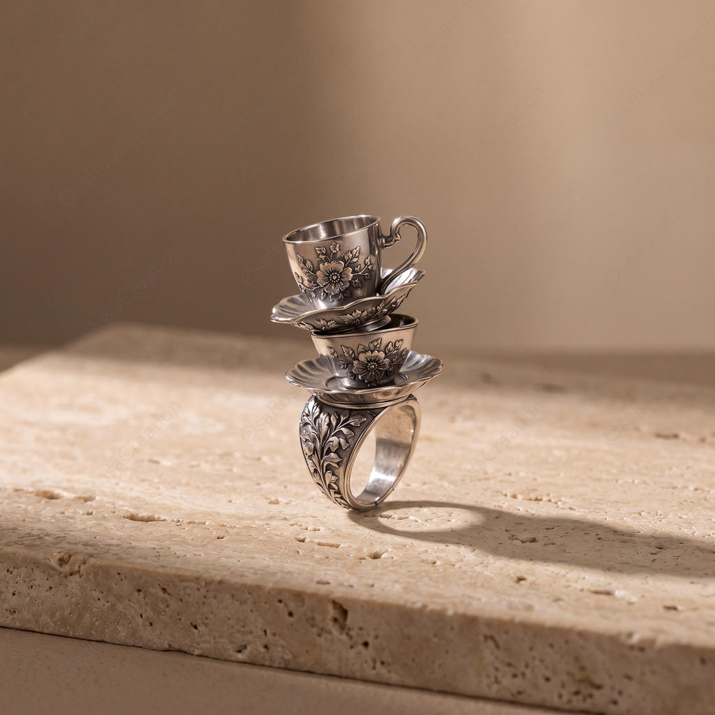Vintage Stacked Teacup Ring, Floral Engraved Silver, Whimsical Victorian Jewelry