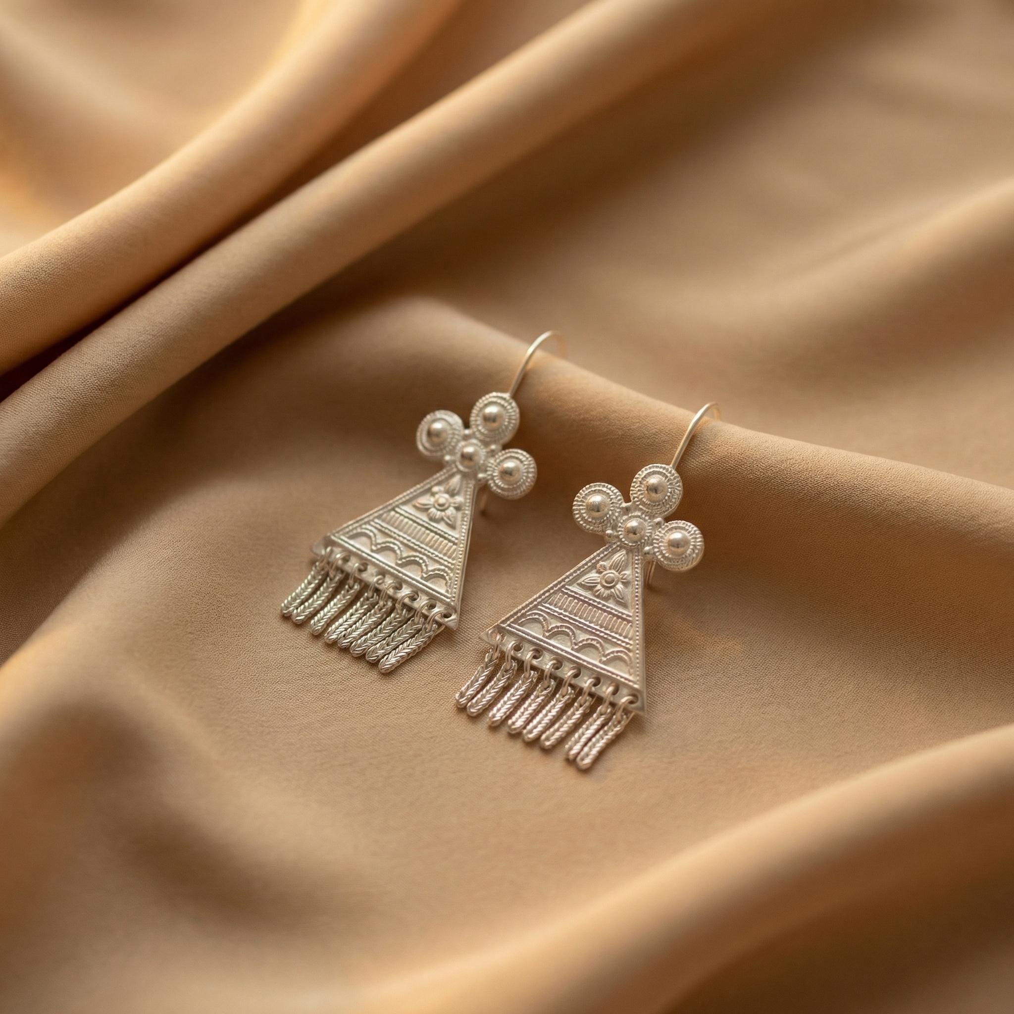 Tribal Tassel Earrings – Intricate Granulation Filigree Drops, Sterling Silver Posts