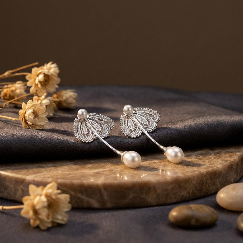 Silver Filigree Pearl Earrings • Art Nouveau Victorian Bridal Jewelry