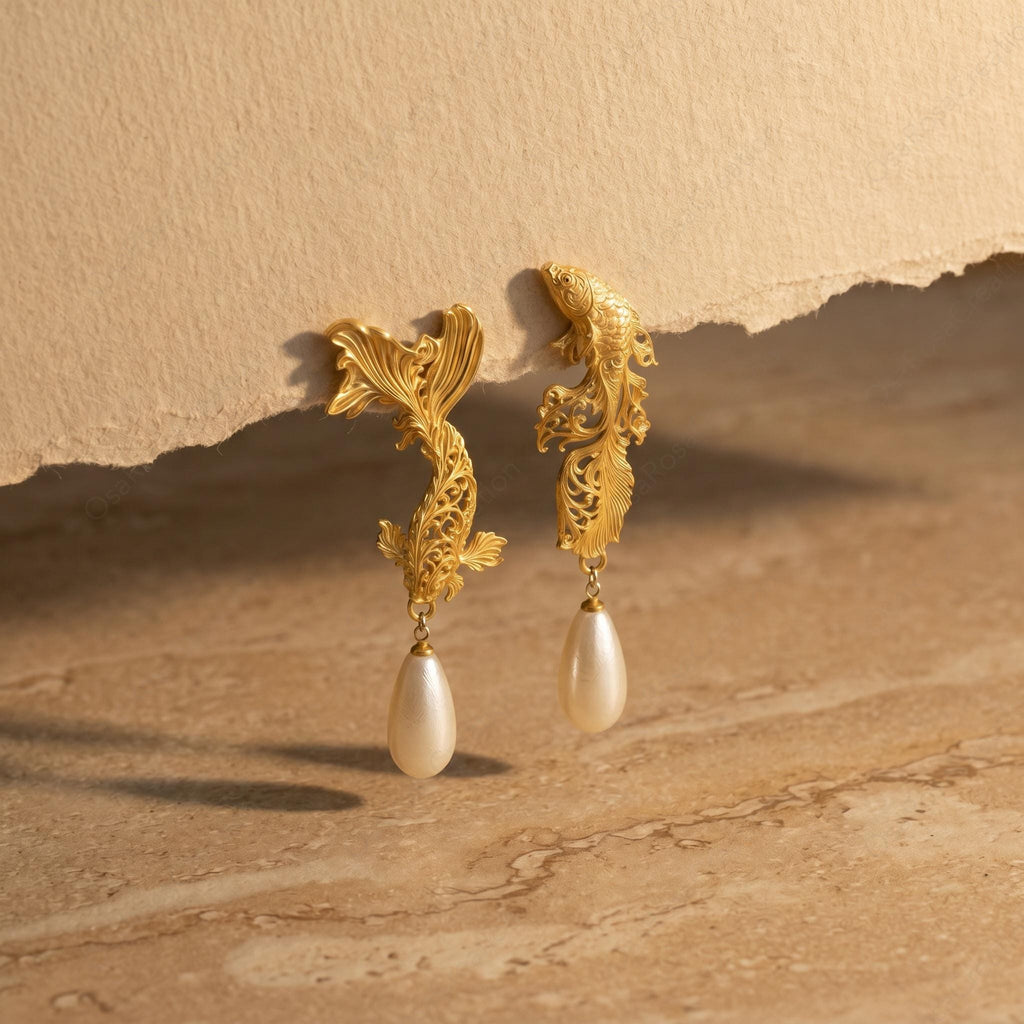 Pisces Zodiac Earrings | Gold Fish Dangle with Pearl