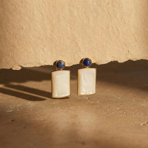 Art Deco Mother of Pearl Lapis Lazuli Earrings – 18K Gold Plated Sterling Silver Drops
