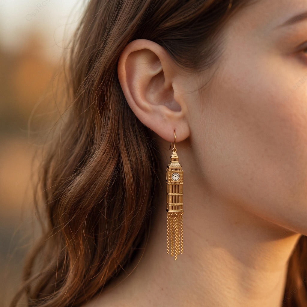 Big Ben Dangle Earrings, Architectural Tassel Drop Earrings