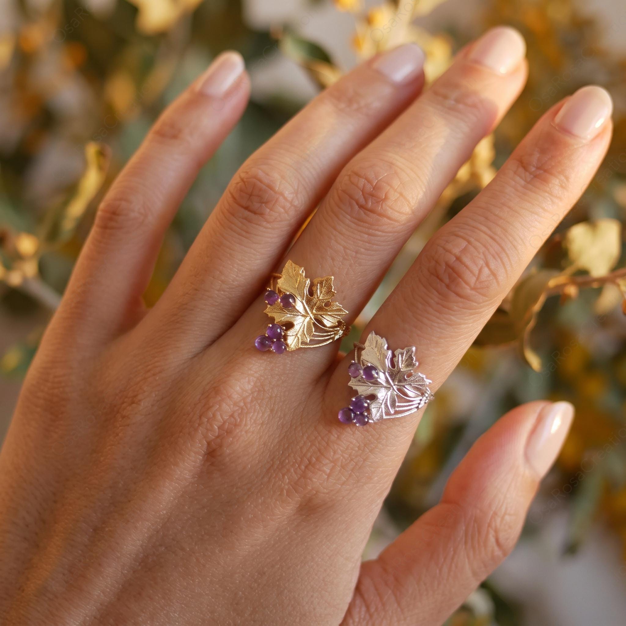 Vintage Grape Vine Ring, Amethyst Color Cluster Ring, Gold Leaf Botanical Jewelry, Mediterranean Style Ring, Art Nouveau Ring