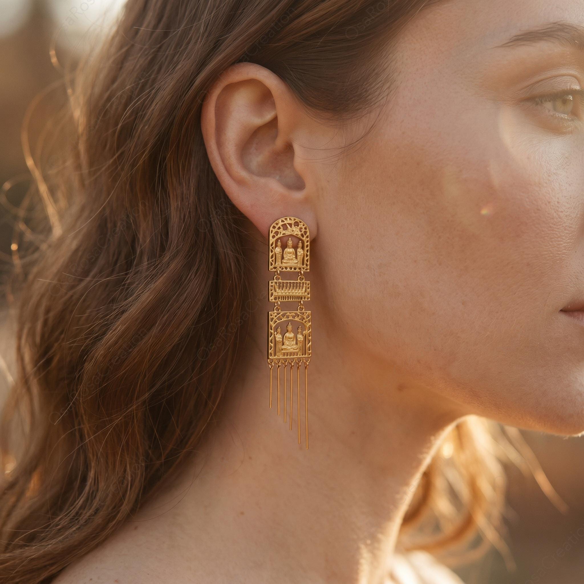 Gold Buddha Dangle Earrings • Zen Temple Jewelry, S925 Posts
