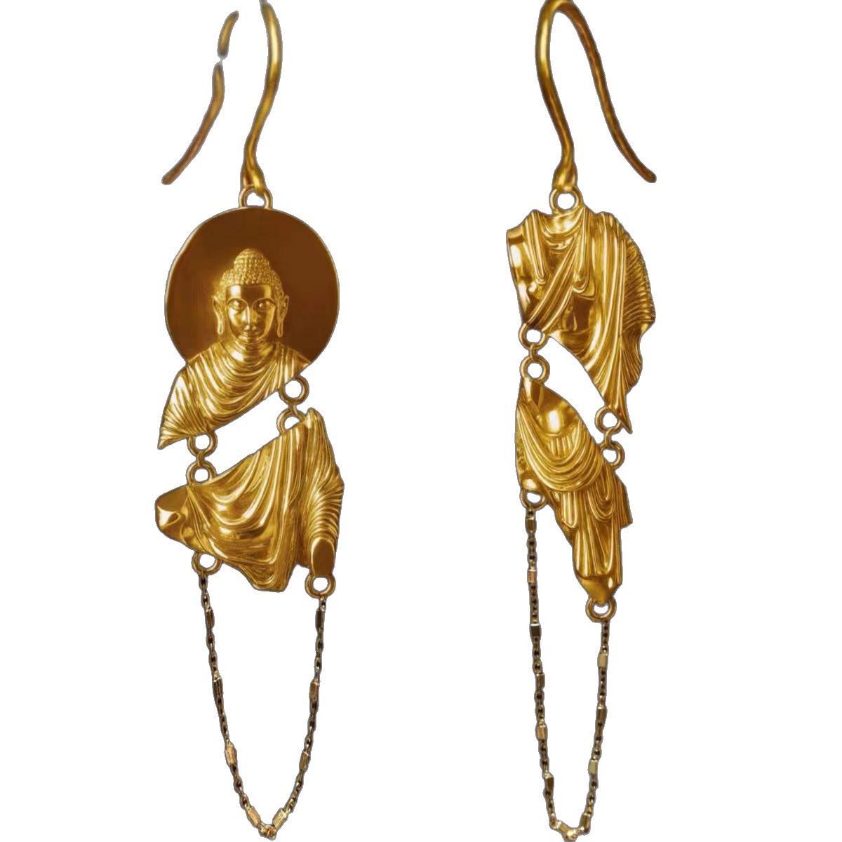 Buddha Dangle Earrings, Gold Plated Brass Statement Earrings, 925 Sterling Silver Hooks, Sacred Wisdom Talisman, Unique Art Jewelry
