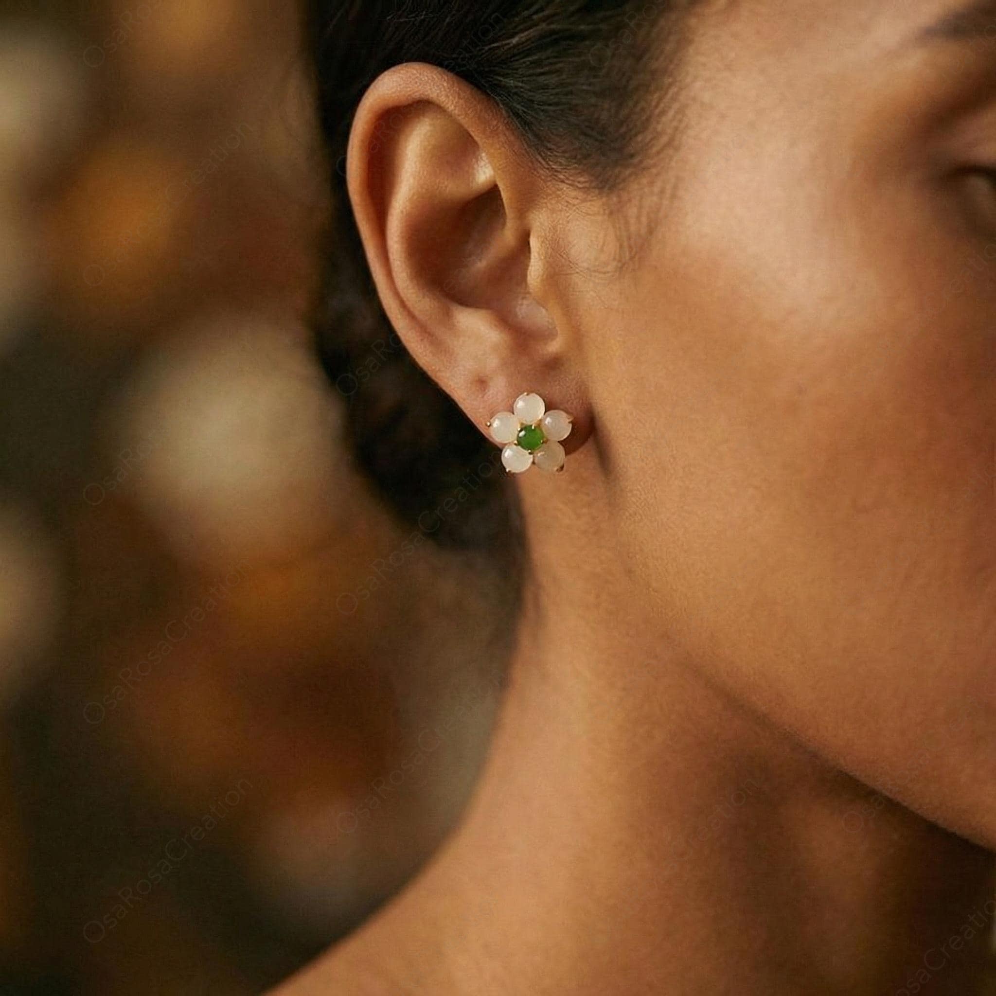 White Floral Earrings, Green Stone Botanical Dangle, Gold-Plated Brass, Sterling Silver Post