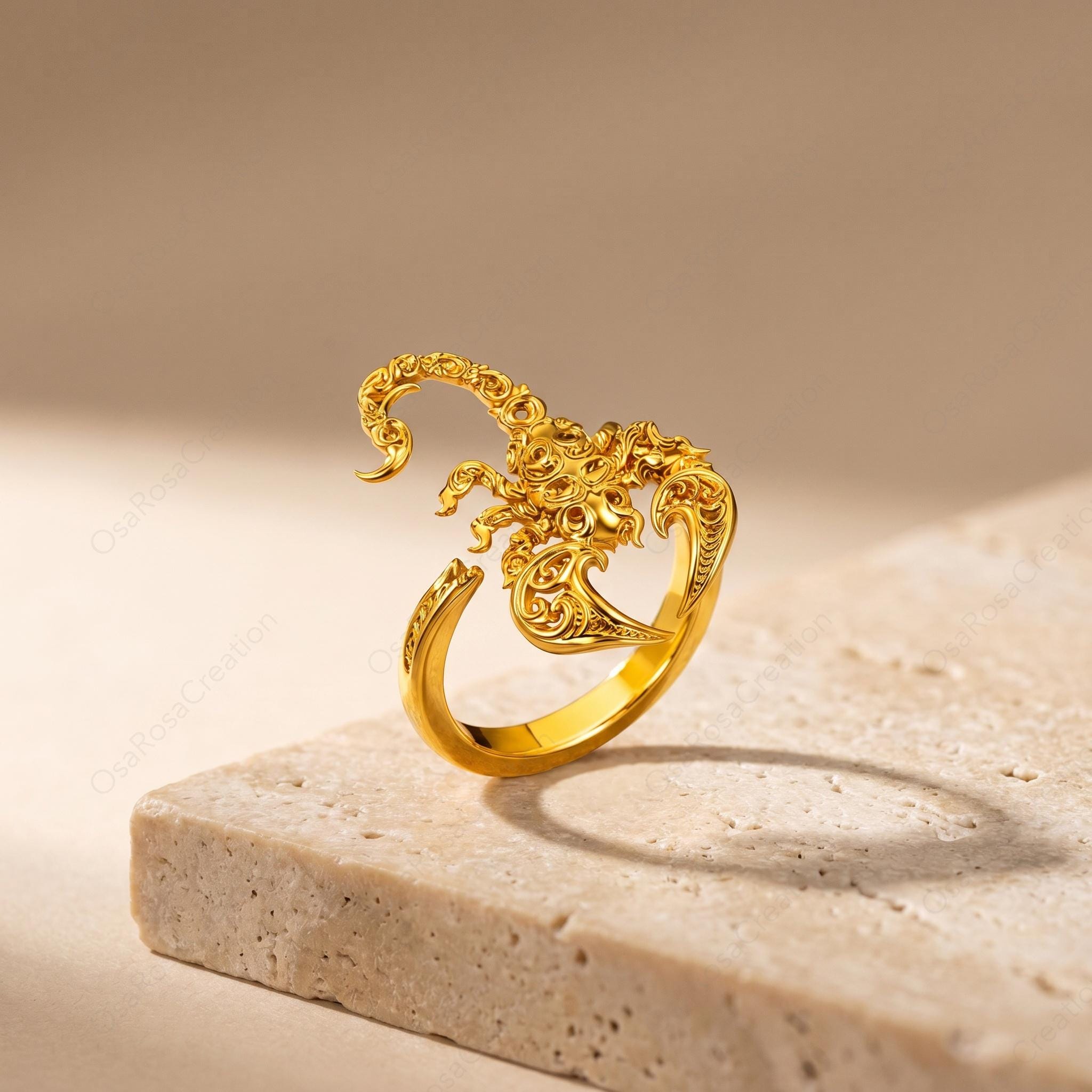 Gold Scorpion Ring, Baroque Engraved Animal Statement Jewelry, Adjustable Talisman Band