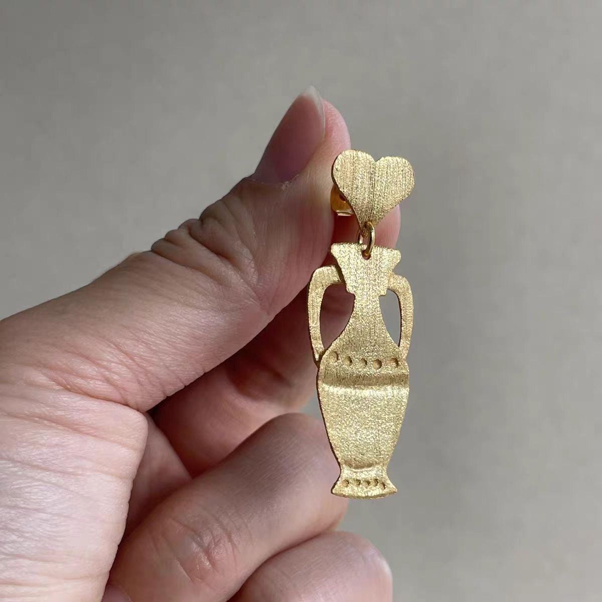 Gold Amphora Drop Earrings, Ancient Greek Vase Earrings, Aphrodite Inspired Jewelry, Heart Stud Gold Dangle Earrings, Mythology Gift for Her