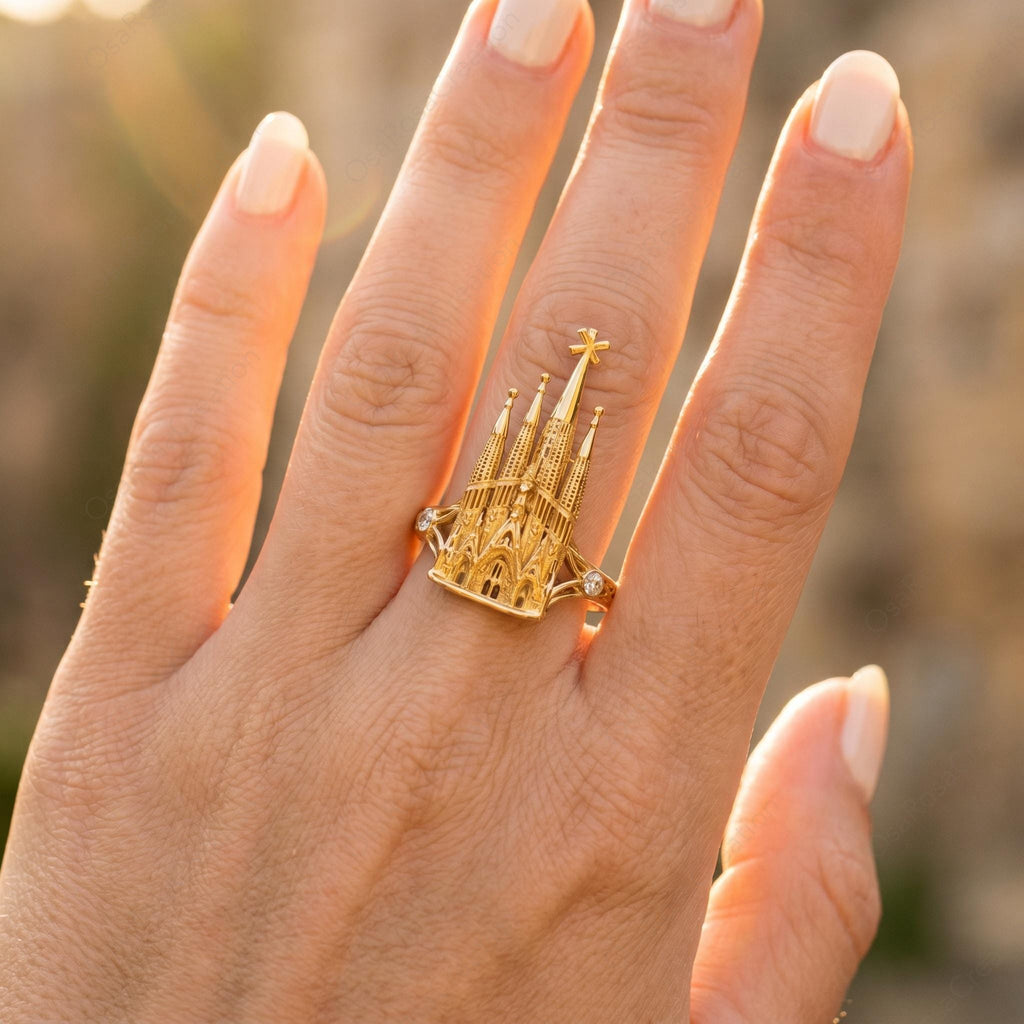 Sculptural Gold Sagrada Familia Ring, Gaudi Inspired Architectural Jewelry, Cubic Zirconia Accent
