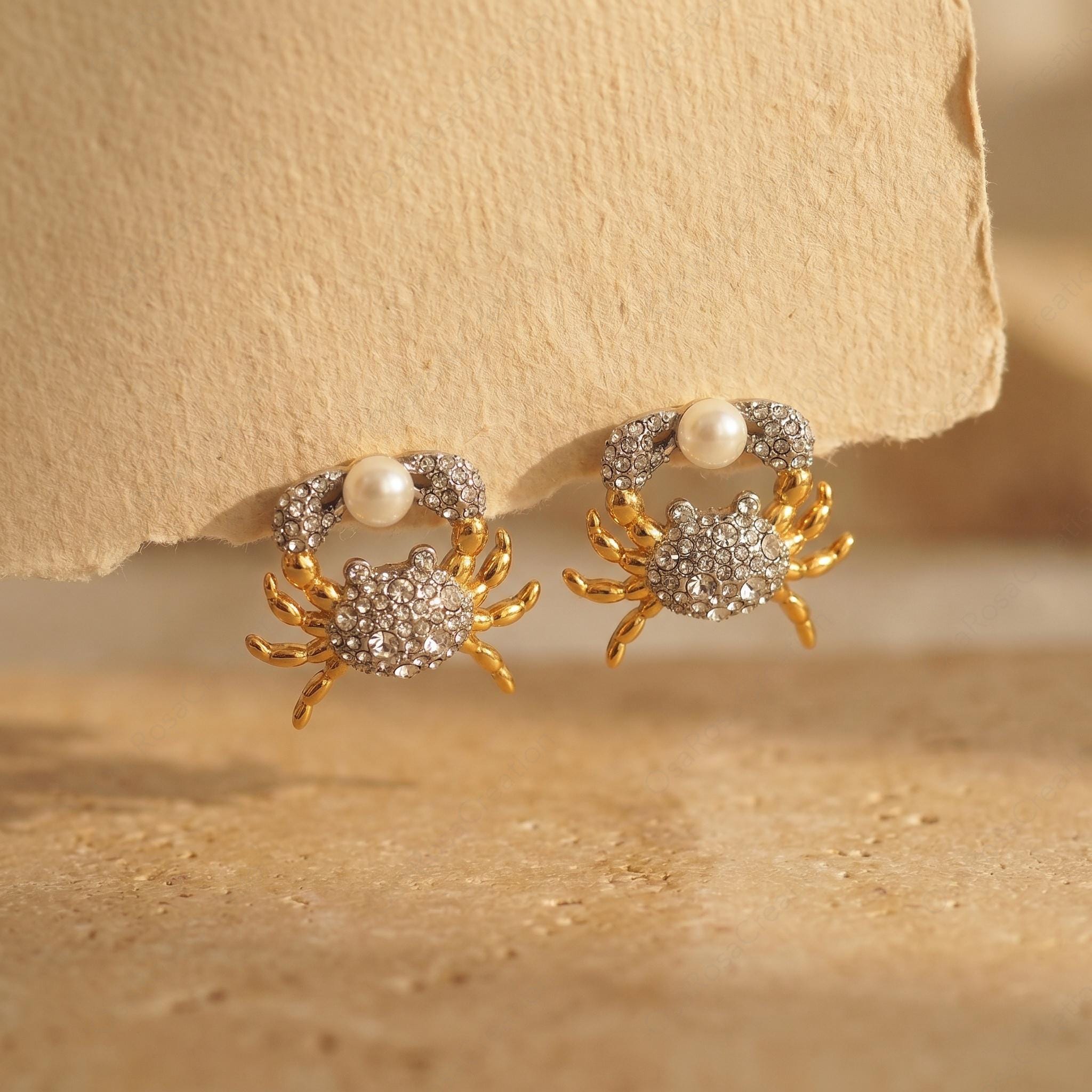 Crystal Crab Earrings with Pearl | Ocean Inspired Studs | Coastal Chic Jewelry | Nautical Summer Accessories | Unique Beach Vacation Gift