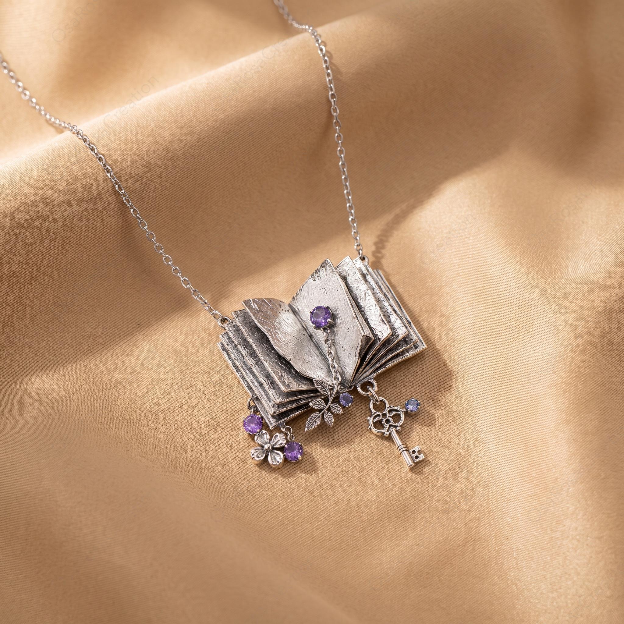 Vintage Book Necklace, Purple Gemstone Floral Key Pendant, Dark Academia Jewelry