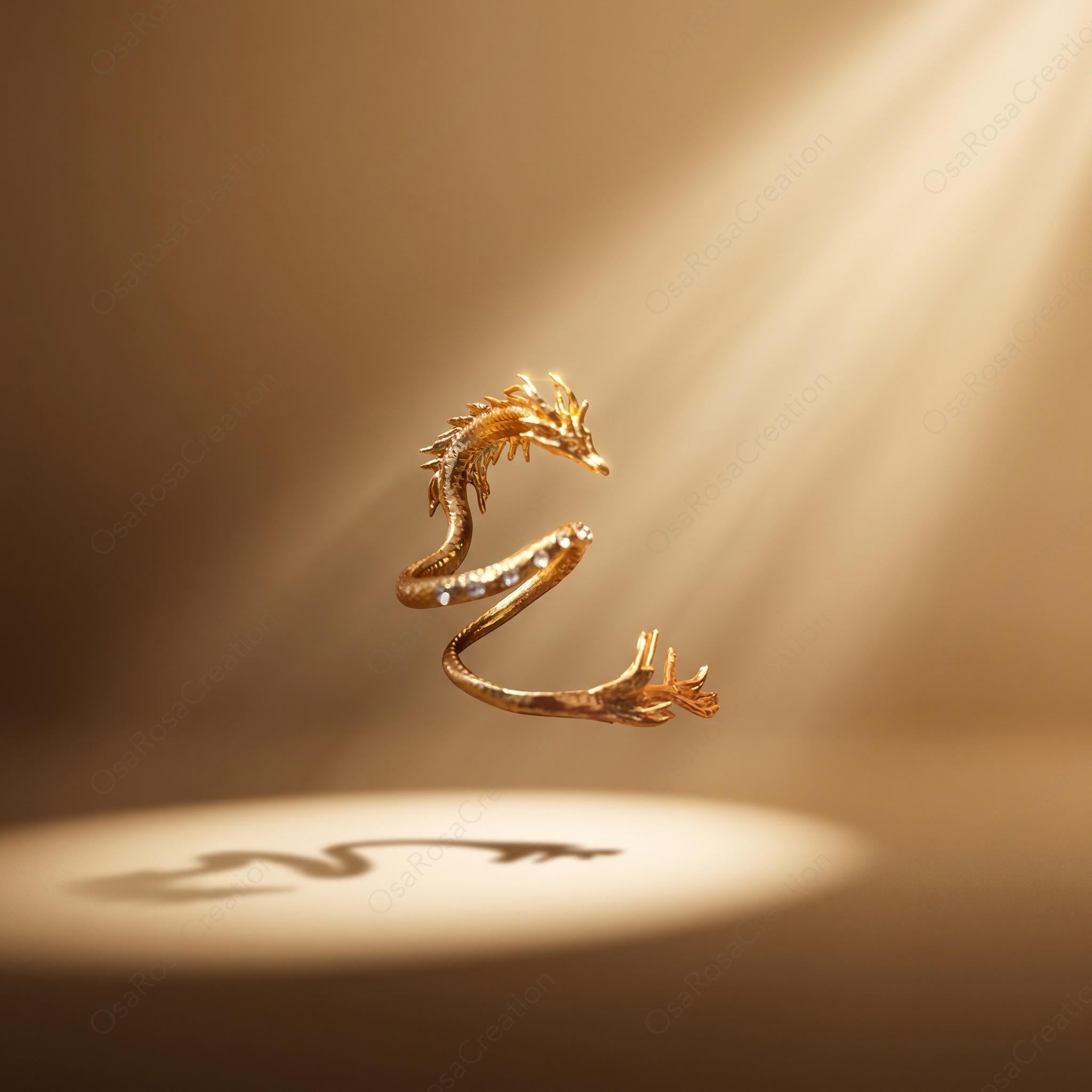 Gold Dragon Ring, Sculptural Wrap Ring, Elegant Mythical Jewelry, Artistic Animal Ring, Delicate Crystal Ring, Quiet Luxury Statement Piece