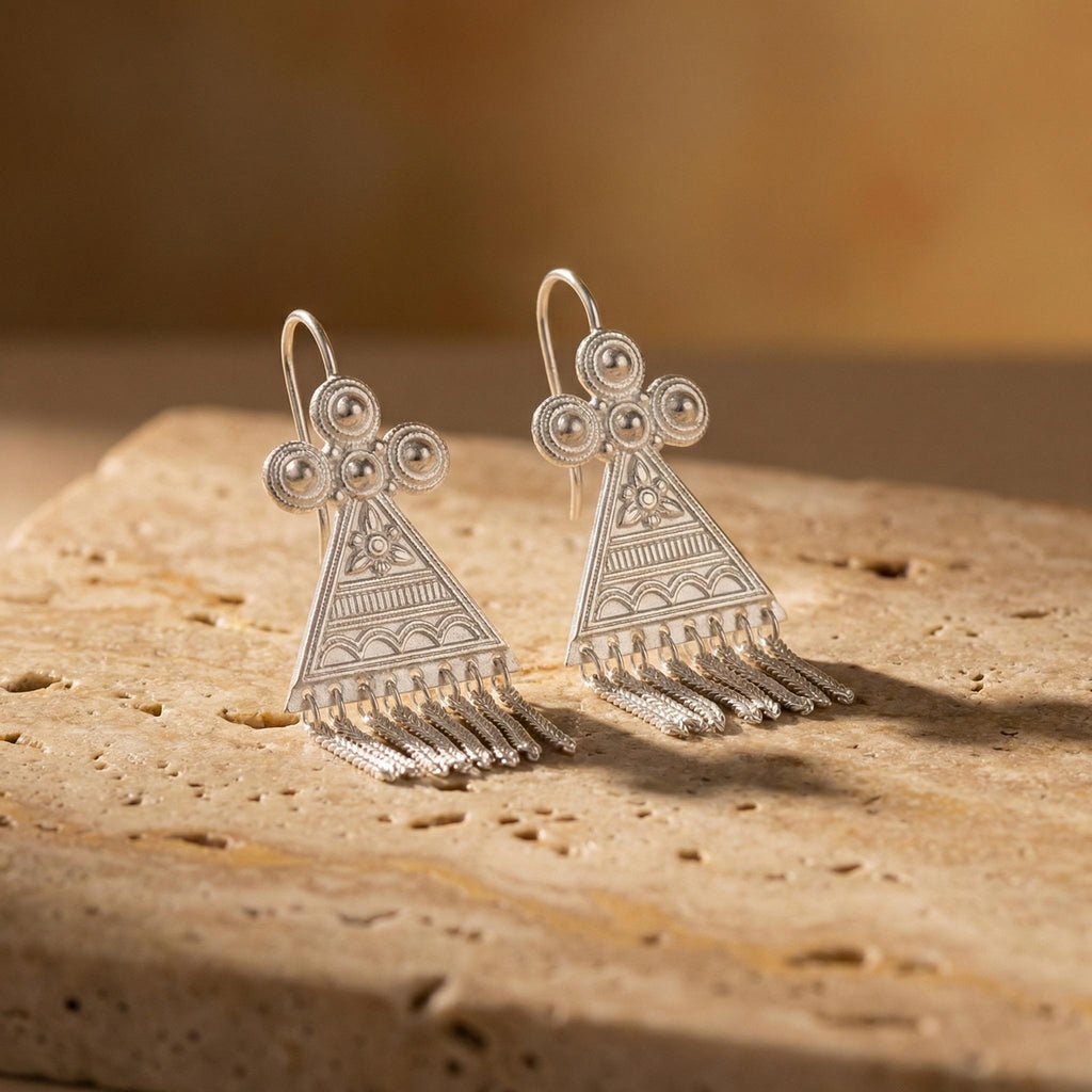 Tribal Tassel Earrings – Intricate Granulation Filigree Drops, Sterling Silver Posts