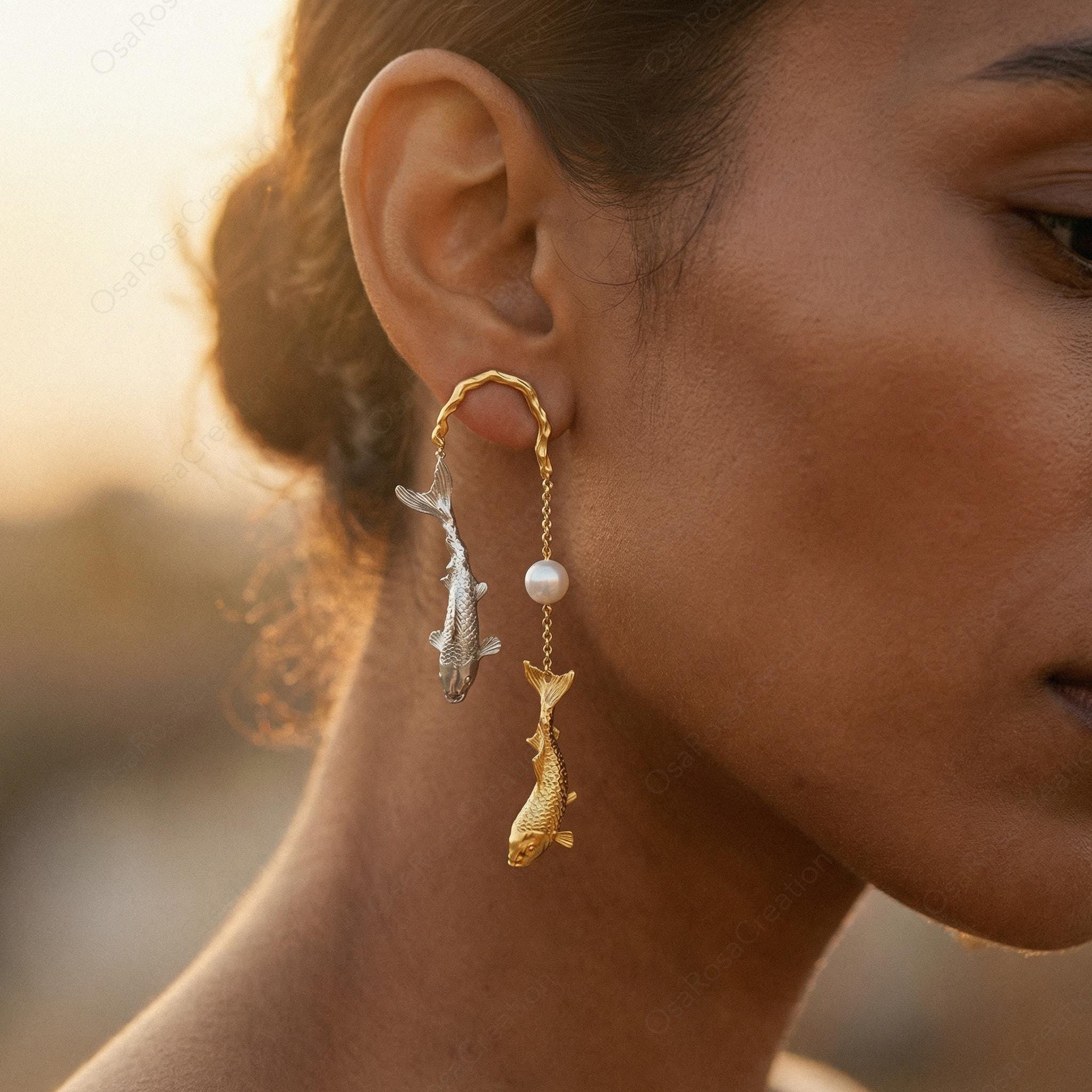 Sculptural Koi Fish Pearl Drop Earrings – Gold-Plated Brass Nature Jewelry